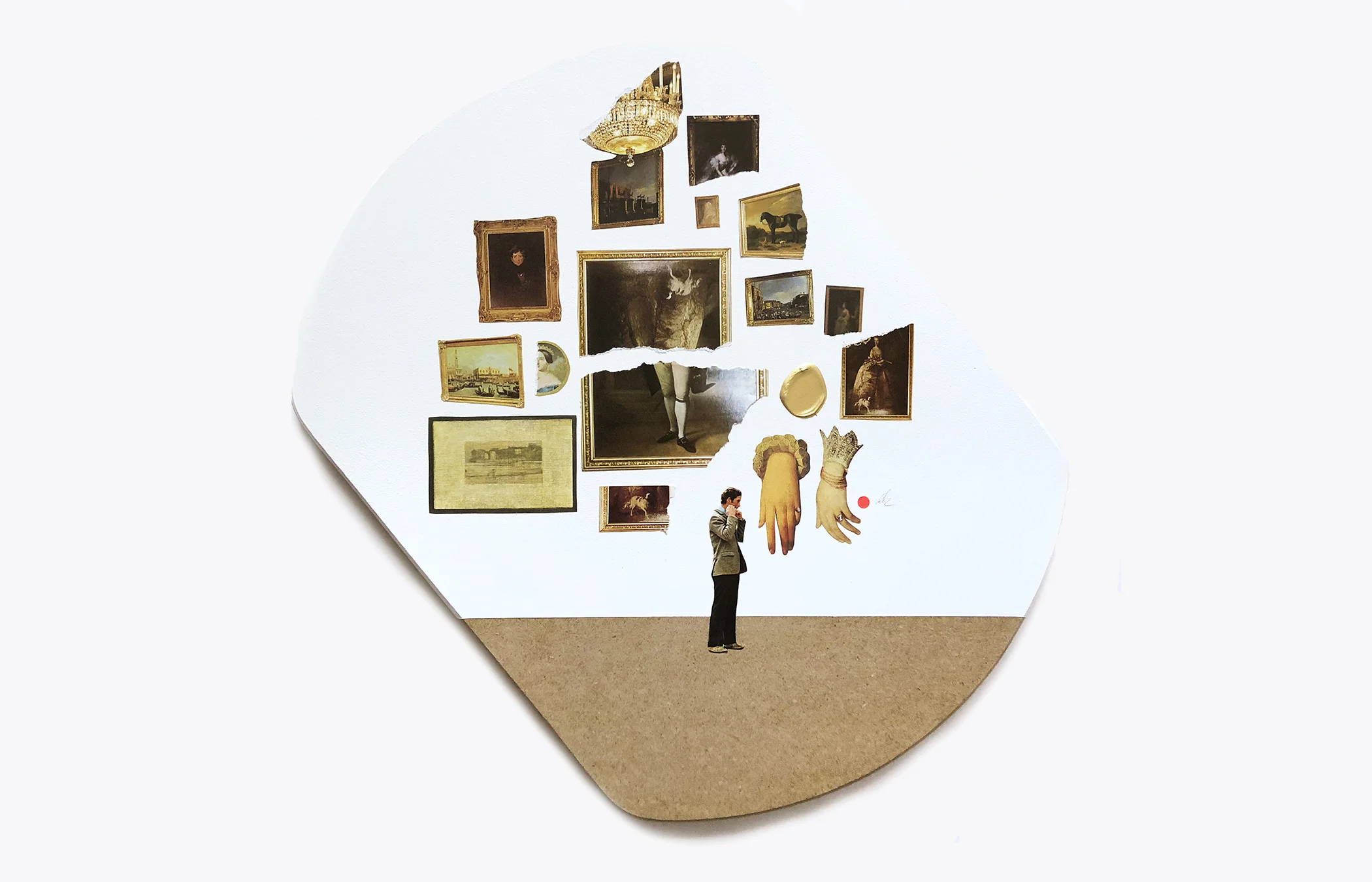 Danielle Krysa “Suffering from a serious case of ‘what will mumsy think’, chuck wished he’d just bid on a GD landscape.” , 2018 Found images, acrylic, and Swarovski crystals on panel Width 15”x Height 15”