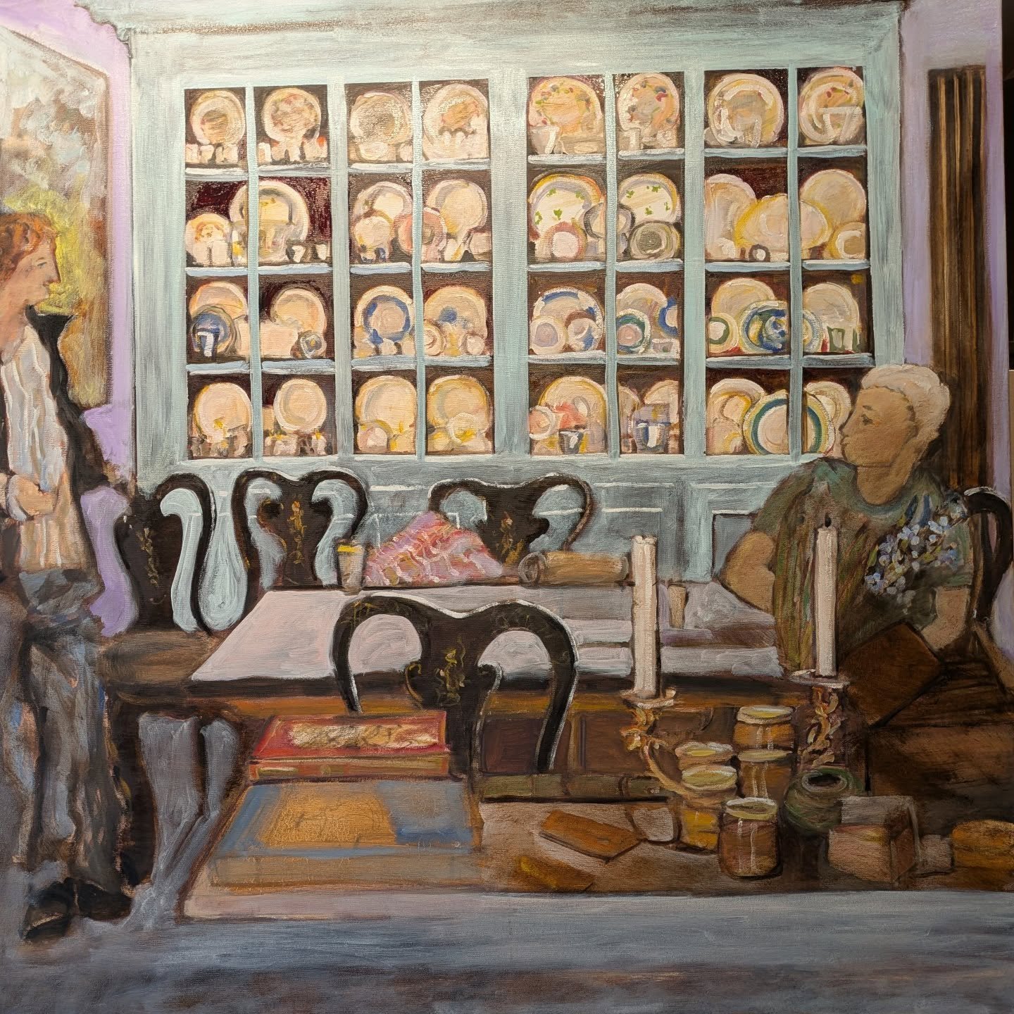 This started to work the minute I remembered that things in paintings don't need to be as they happen to be in reality. I have often thought that this bookcase would look better painted. But somebody went to a lot of trouble and expense to have it ma