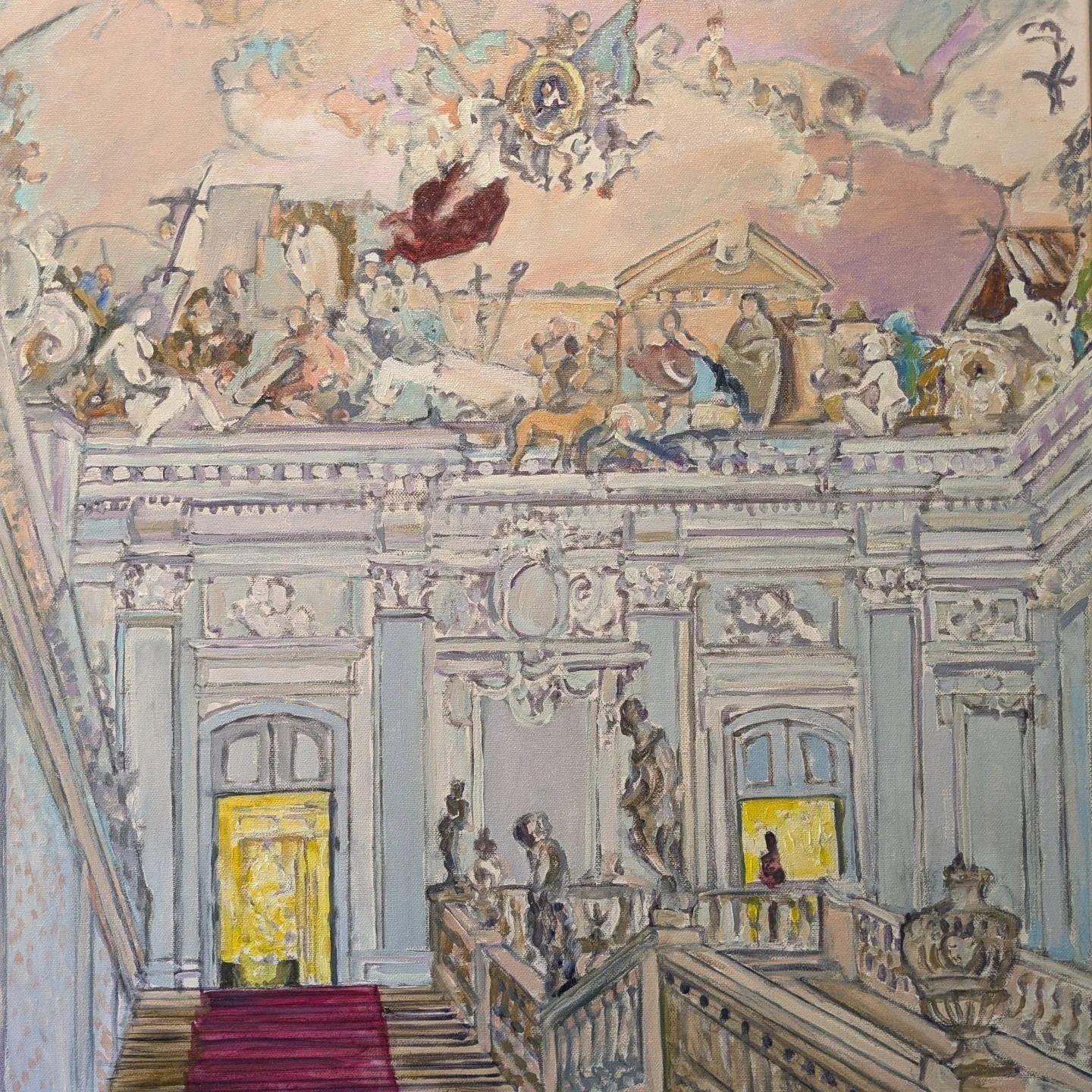 So I have spent about 5 hours painting today. Things change a lot, but it's very hard to spot the changes in the photos. Now it has to dry. Once dry I will put a glaze over the foreground and darken and warm up the stairs and balustrades. That will m