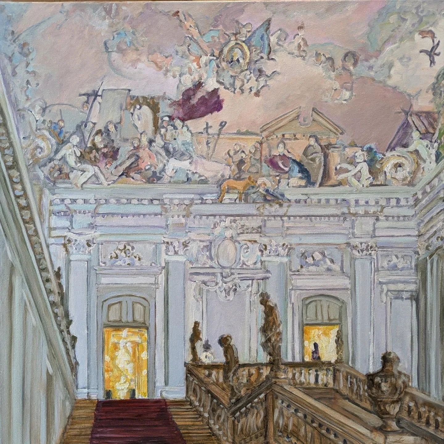 Those who are following this will know that I have entered the phase which I call spot the problems. Here I alter the bits that don't work. It can go on for days. For example the stair carpet wasn't following the rules of perspective. The dark red dr