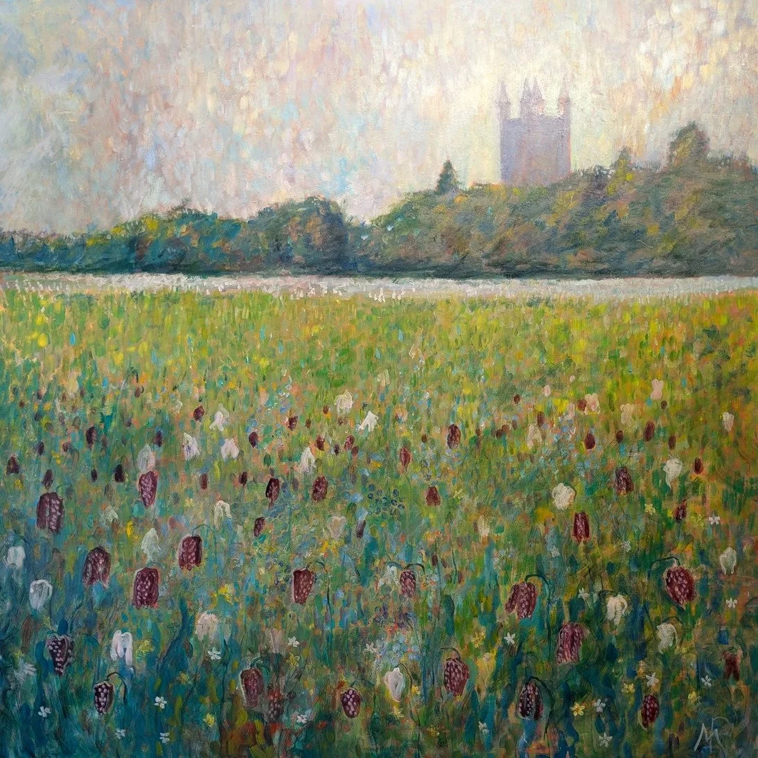 My original oil painting, one of two (100 x 100cms).
Depicting the fritillaries blooming in the meadow by the Thames.
Sold yesterday by The Old Post Office Gallery in Cricklade.
Greetings cards and framed prints are available in different sizes.
I am