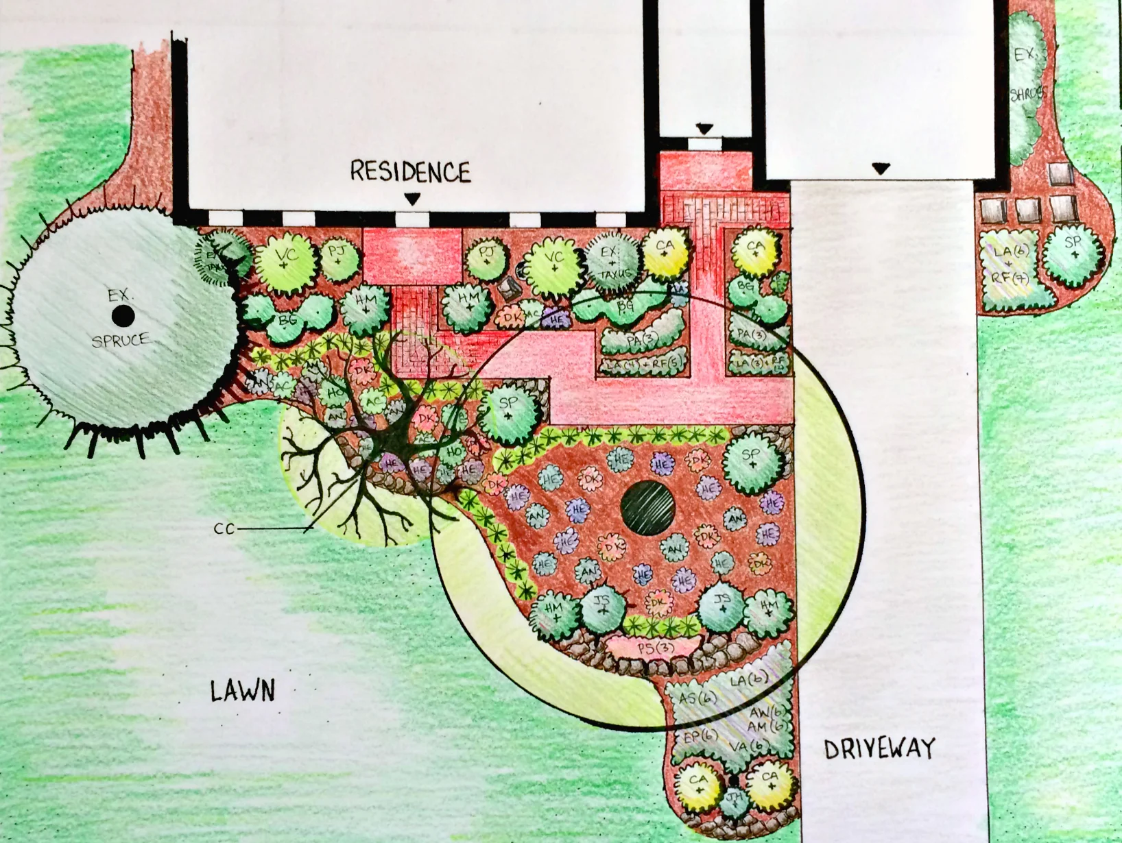This design included a new brick walkway to both front entrances, small boulders to stabilize the gentle sloping garden beds, and a palette of silver, purple, pink, and yellow perennials and shrubs.