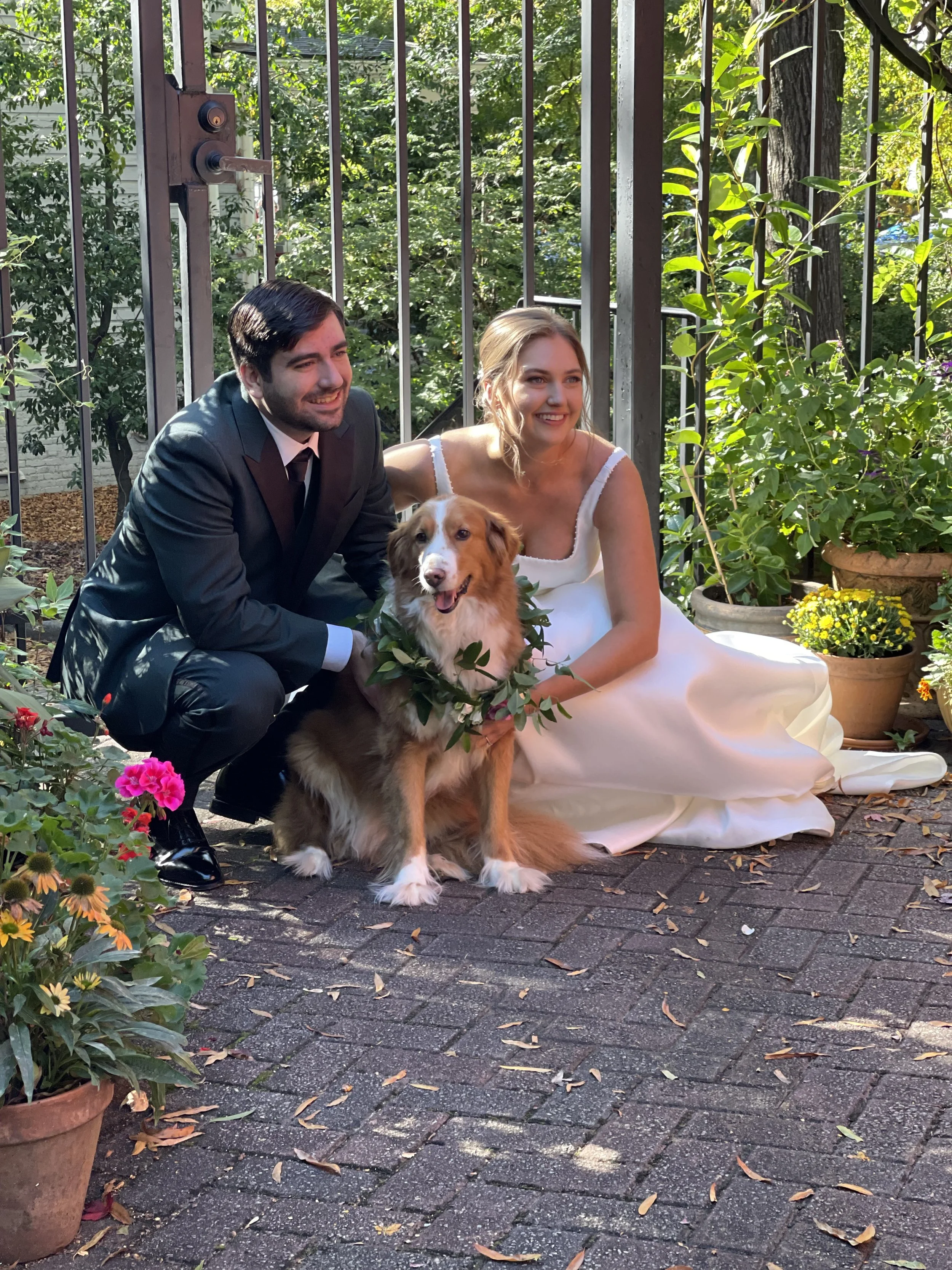 Bride and groom with their dog during wedding ceremony in Atlanta with professional pet attendant support