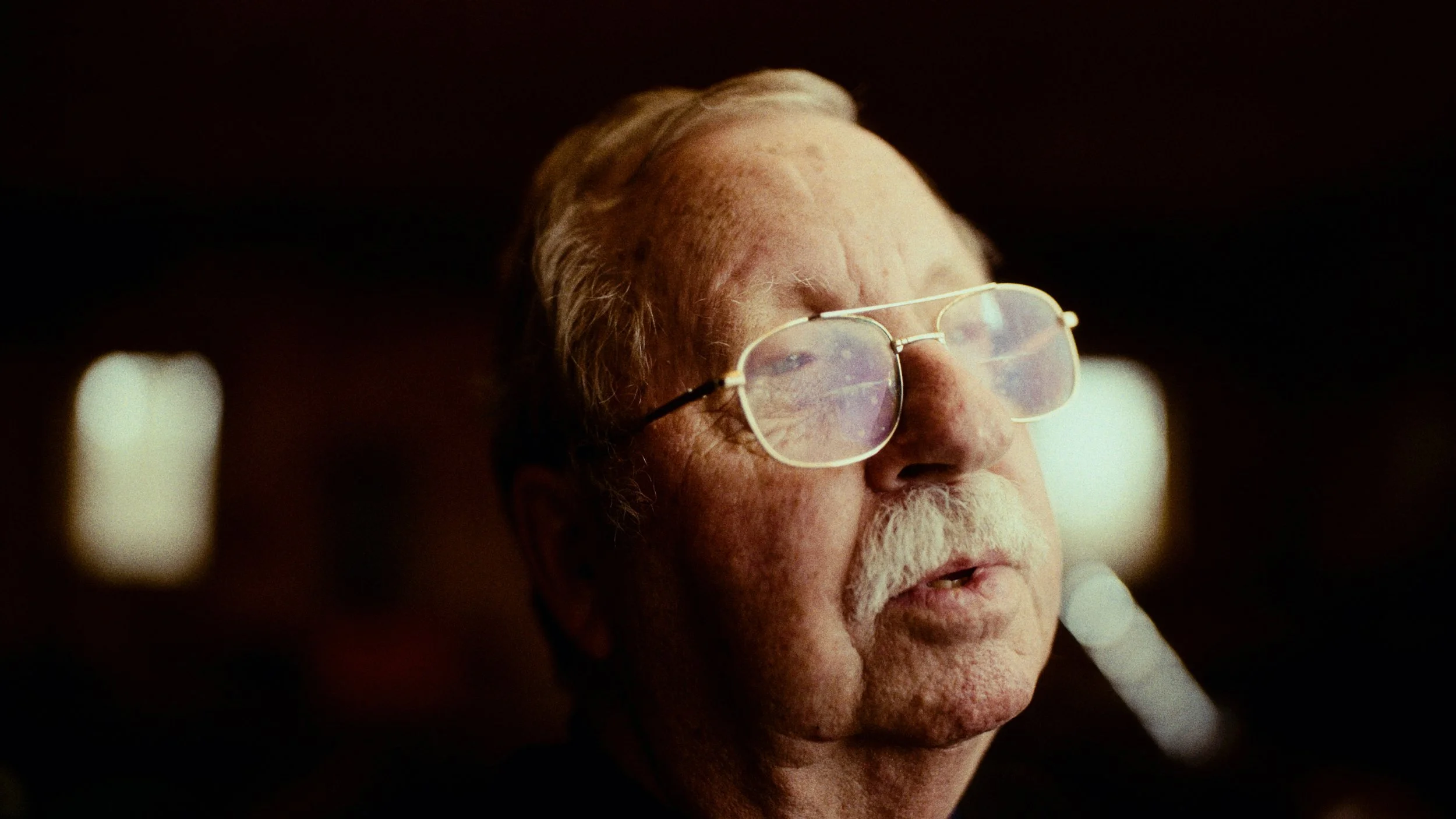 Close-up of an elderly man with glasses and a white mustache, looking thoughtfully with sunlight on his face.