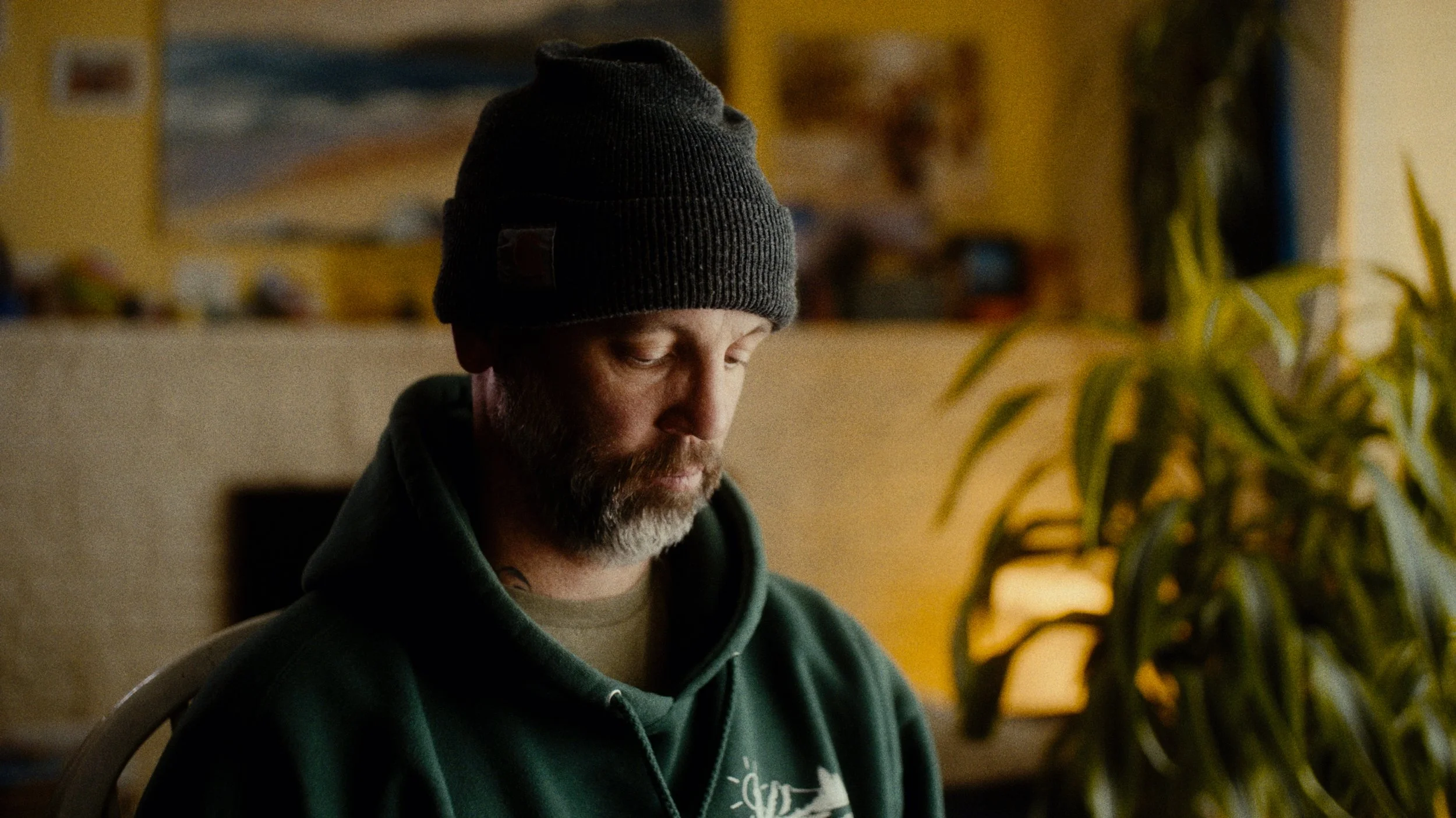A man with a beard wearing a gray beanie and a dark green hoodie, sitting indoors in a dimly lit room, with a potted plant nearby and colorful paintings on the wall in the background.