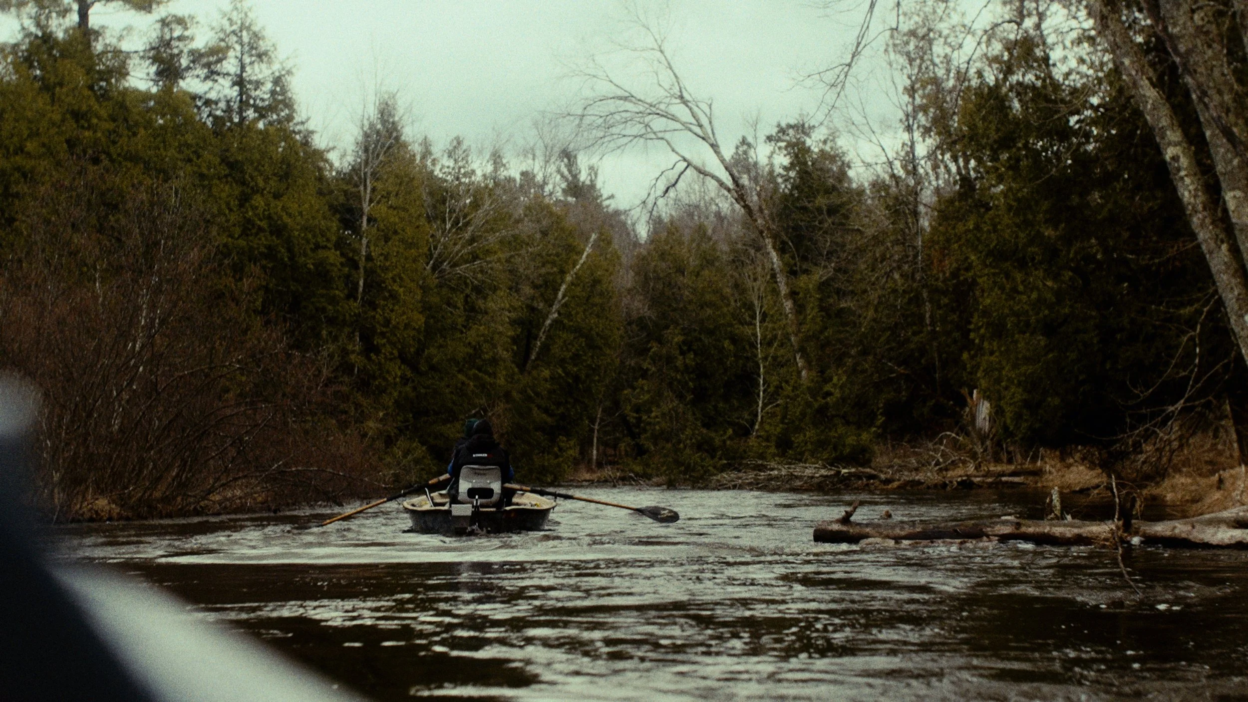 A person in a small boat paddles on a river surrounded by dense, leafless trees and shrubs, with some fallen logs in the water.
