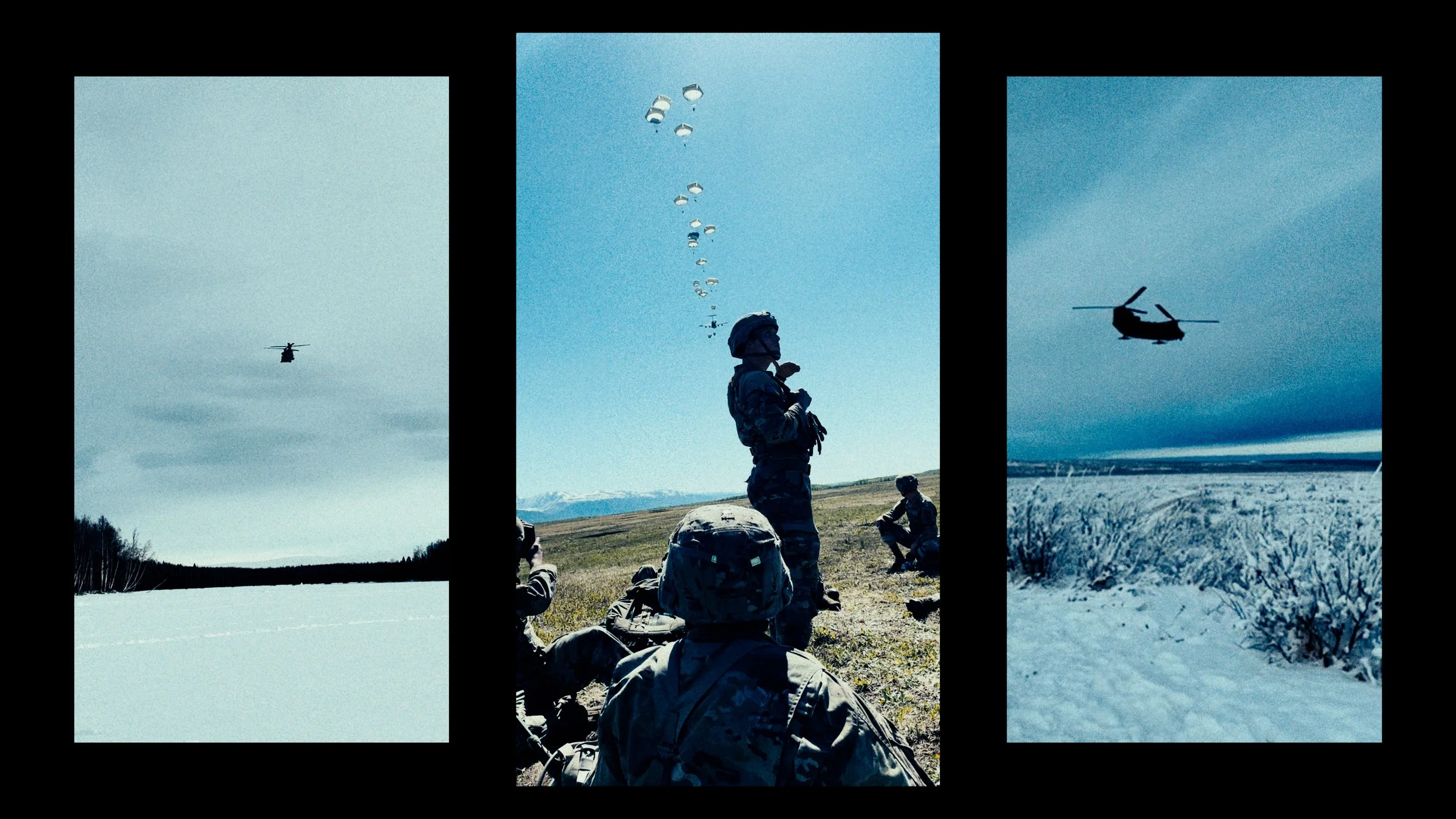 Military personnel sitting and standing on a grassy field, with helicopters flying overhead in two separate images. One image shows a helicopter in a snow-covered landscape, and the other shows soldiers in a cold, possibly mountainous area with snow 