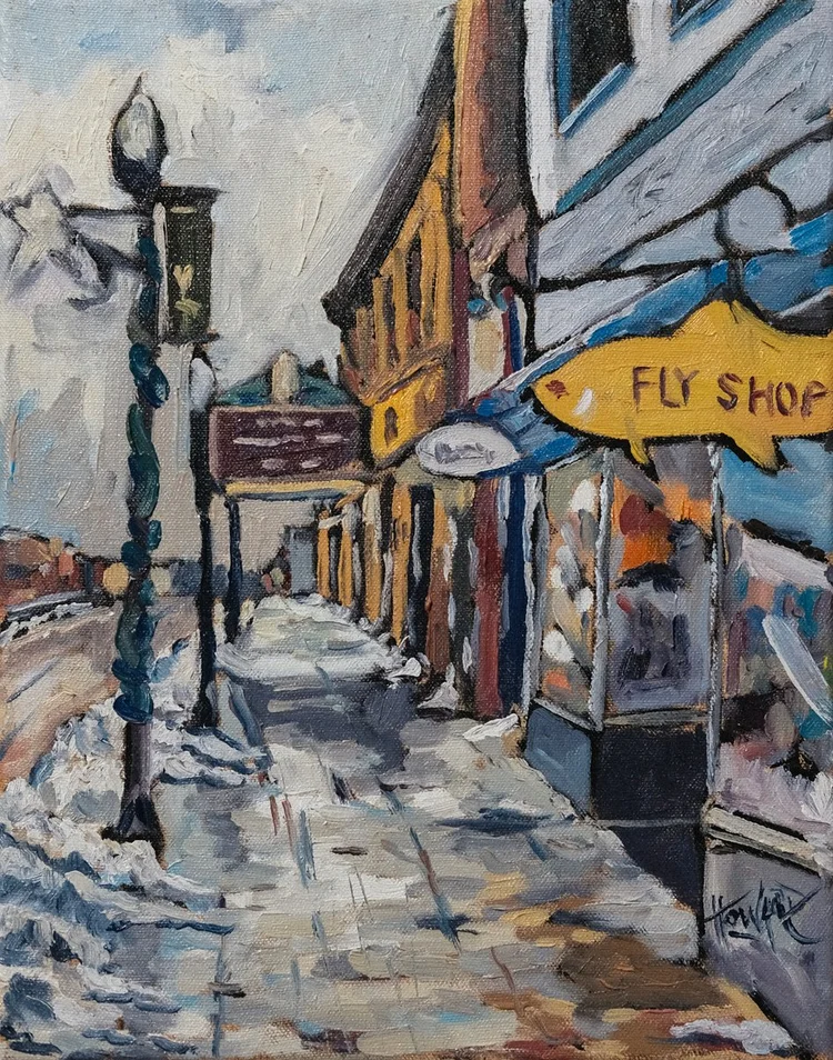 Snowy morning on Main Street, Viroqua, Wisconsin — original oil painting by Dan Howard