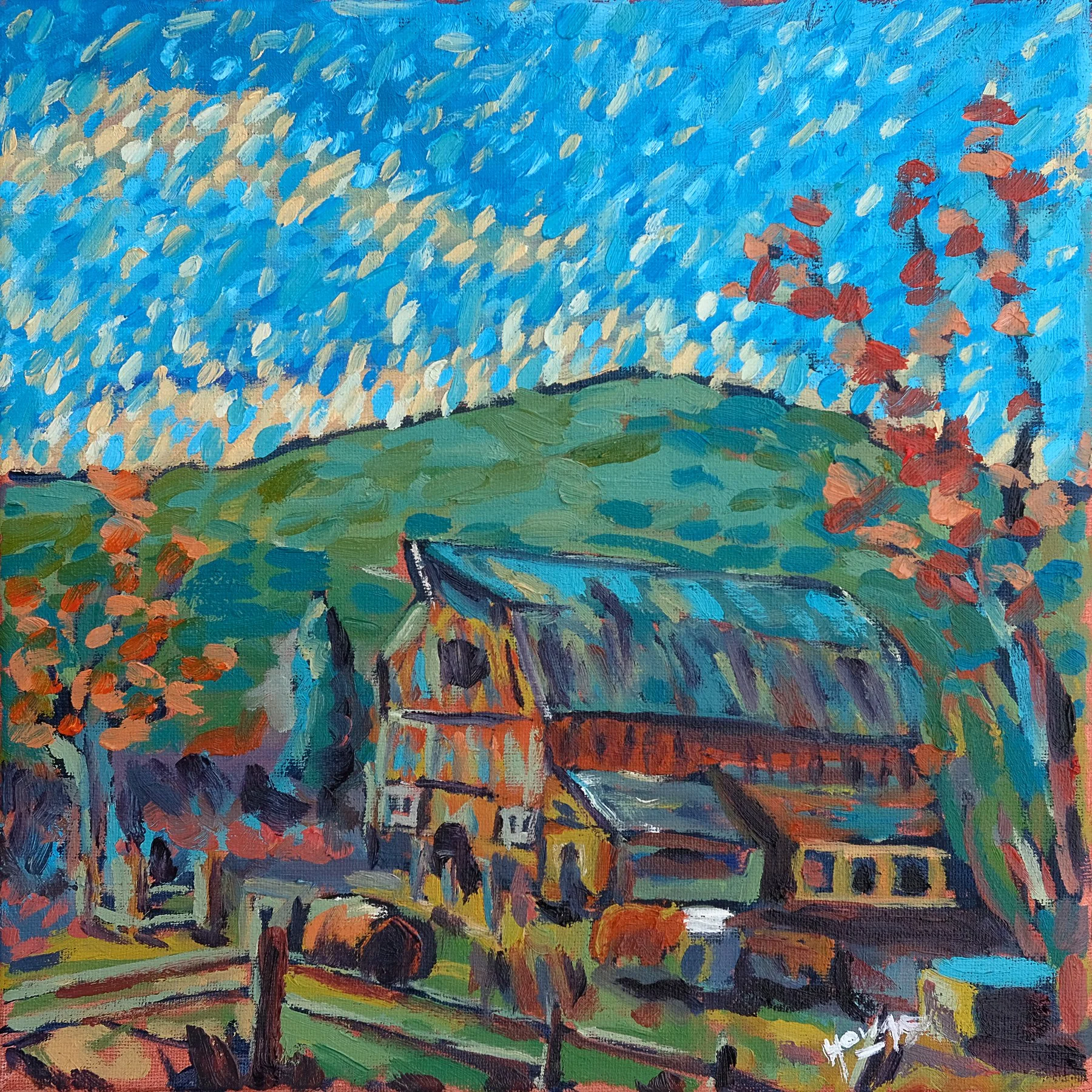 Summer Barn, La Farge – 12x12 Fauvist Wisconsin Farm Oil Painting