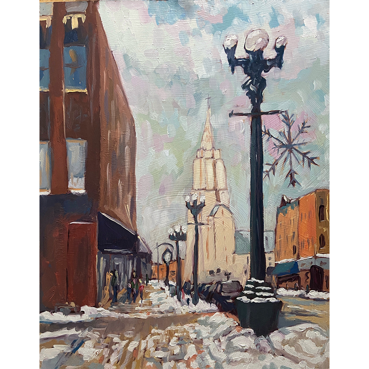 Snowy afternoon on Main Street, La Crosse — original oil painting by Dan Howard