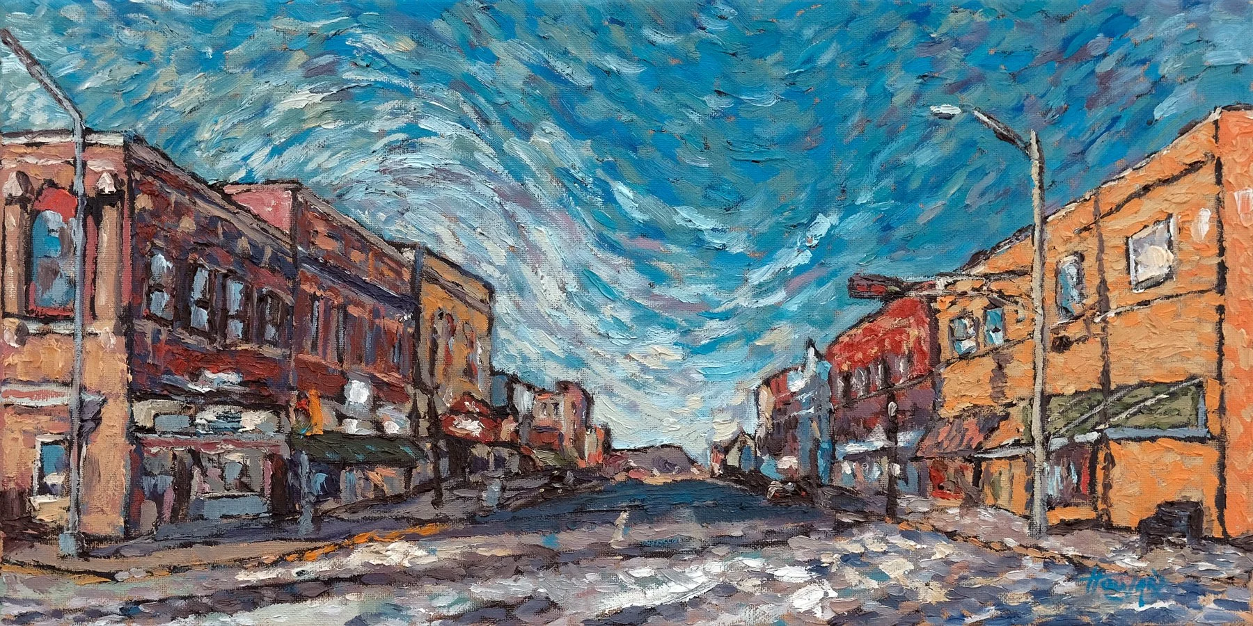 Downtown Viroqua – 10x20 Panoramic Wisconsin Cityscape Oil Painting