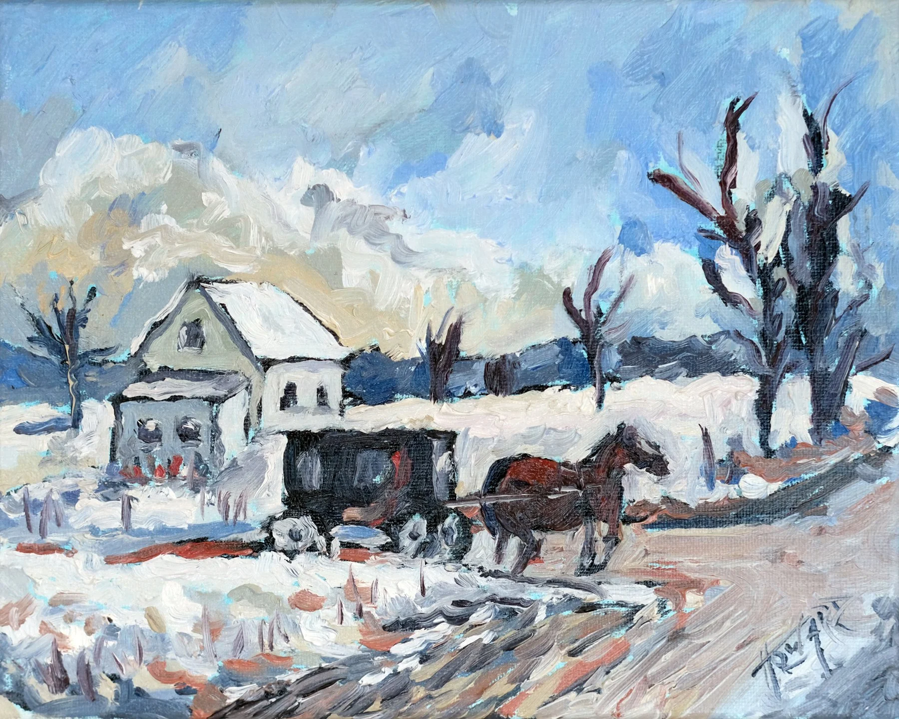 Heading Out in the Storm – 8x10 Amish Winter Scene Oil Painting