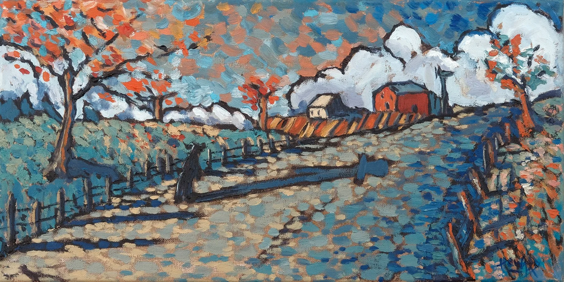 The Long Shadows of Fall – 20x10 Fauvist Amish Country Road Oil Painting