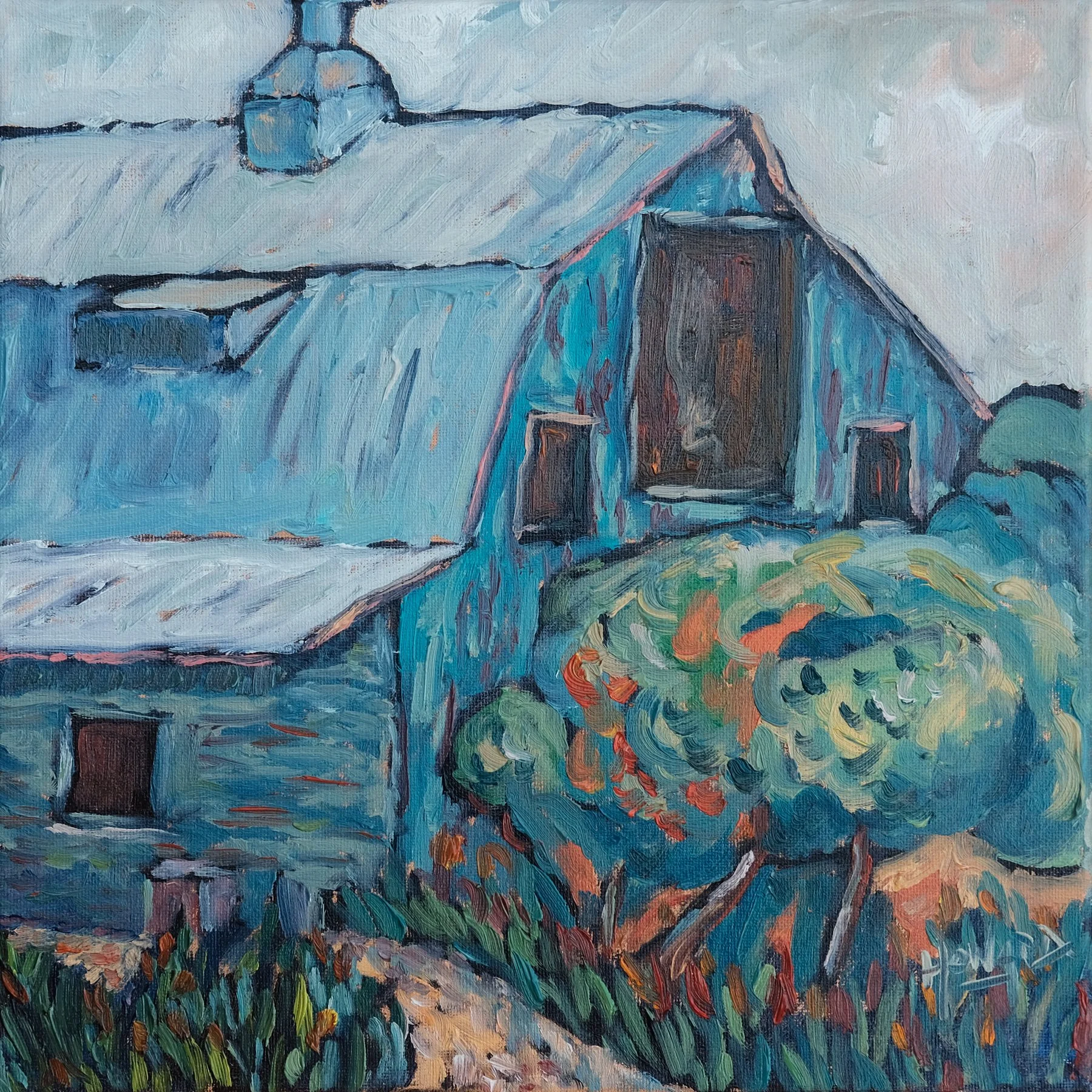 Blue Barn – 12x12 Fauvist Farm Oil Painting