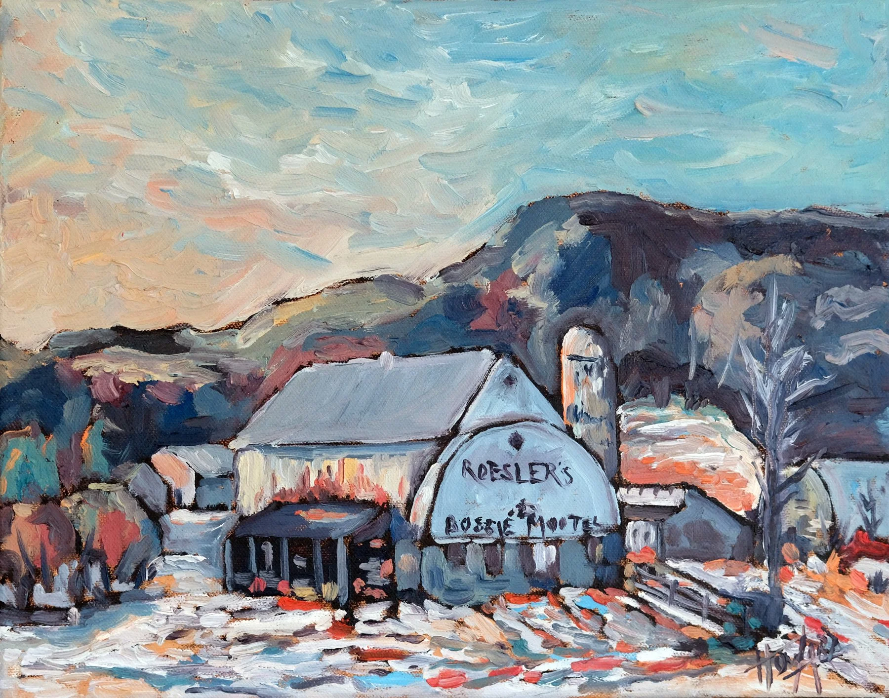 Roesler's Bossie Mootel – 11x14 Wisconsin Winter Farm Oil Painting