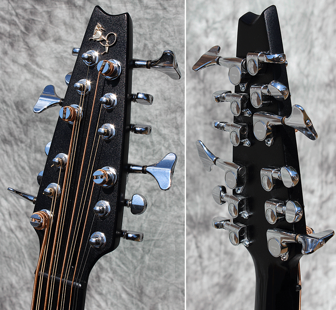 The bass is strung Inverted with the fundamental strings on top. To change strings, three sets of D’Addario phosphor bronze acoustic strings have to be combined - a set of EPBB170 bass strings for the fundamentals and two sets of EXP12’s. Gotoh tuners were used for the fundamental tuners, with Grover’s being used for the octaves.