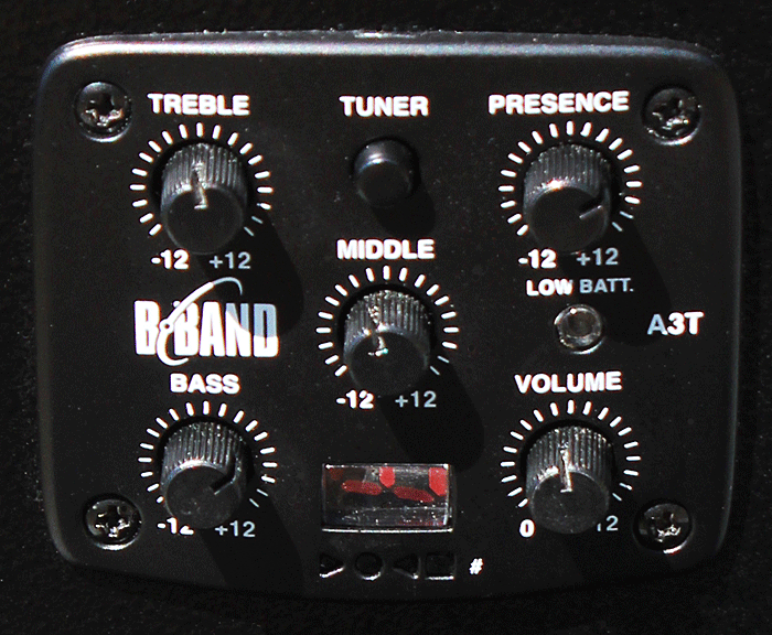 B-Band A3T electronics, made in Finland. Bass, middle, treble, presence and volume controls, with tuner.