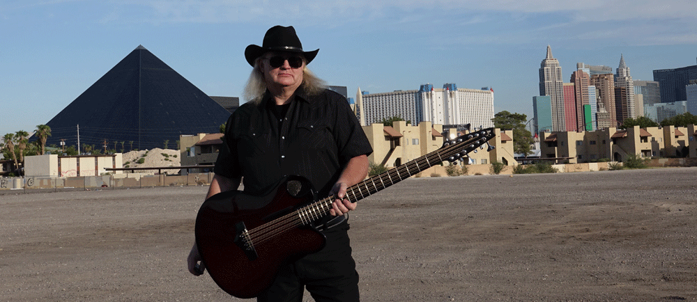 The Emerald acoustic 12 on the morning after rocking out in Las Vegas, Nevada for my first time. On the way home I traveled the Extraterrestrial Highway near Area 51, seeing only 23 cars on the entire 100-mile stretch. Along the way I stopped at the spot closest to Area 51 and played a few songs for our ‘visitors from out of town’.