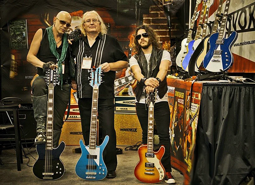 Momo Laredo, Surf and Ricky Laurent at the Musicvox booth at the 2015 LA NAMM show. Photo by Crila.