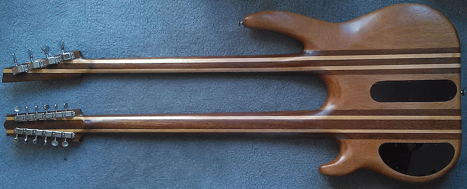 “Yes, it’s heavy, it weighs 16 lbs. The upper ear with the fretless was hollowed out from the inside before I attached it to the bass. I made the control cavities over-sized to take off more weight, and Jazz Dimarzio pickups are lighter than soap-bars. It is actually quite comfortable.”
