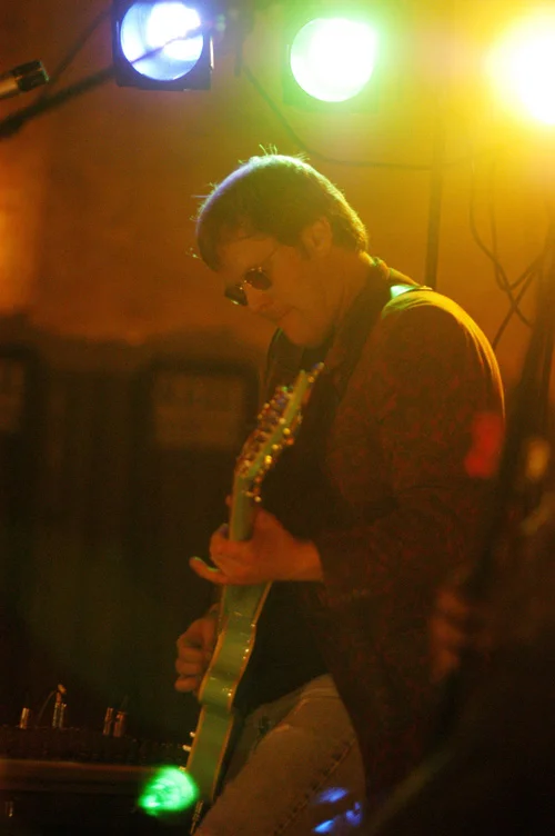 Ron Johnson and his sea-foam green Waterstone TP-2 12-string bass.