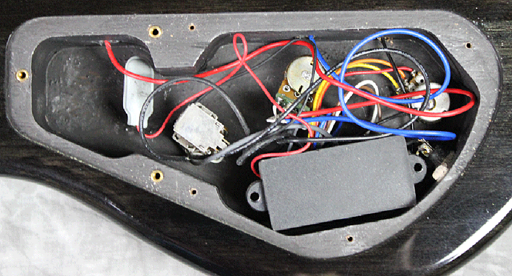 The control cavity has a separate compartment for the battery. While wood screws attach the cover for the main compartment, brass inserts are included for the battery compartment. A nice feature as the battery compartment will likely be opened more frequently.