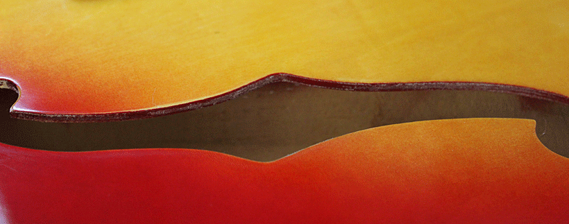 The top of the bass is plywood. There is no binding on the f-hole and the cavity is unpainted.