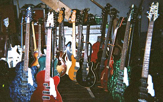 Back stage at a Cheap Trick show - with four Chandler Royale 12-string basses.