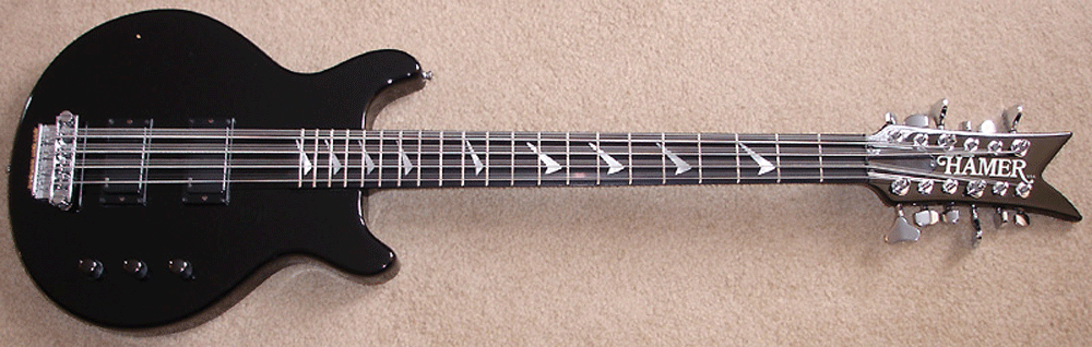Monty Colvin’s Hamer B12S 12-string bass with boomerang inlays.