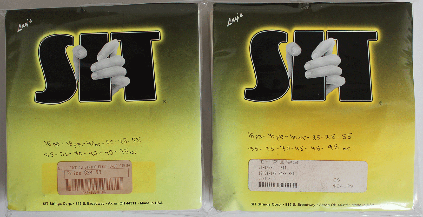 Two original packages of S.I.T. 12-string bass strings with handwritten string gauge information.