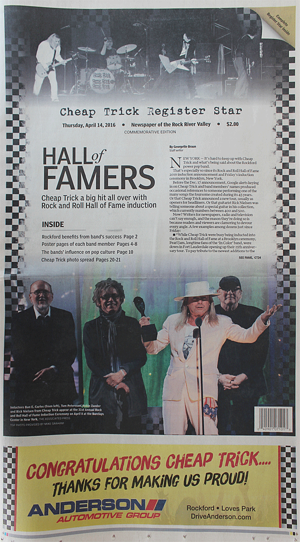 The Cheap Trick Register Star , published on April 14, 2016 in Rockford, Illinois, home of Cheap Trick.