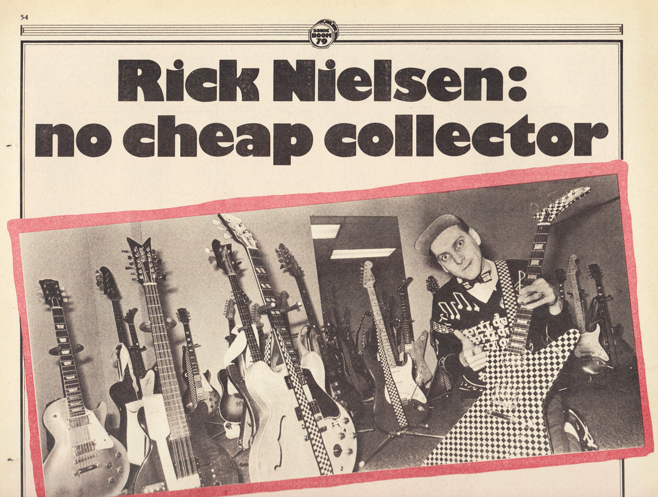 Rick Nielsen of Cheap Trick with some of the many guitars in his collection, including the Hamer Quad 12-string bass and the Alembic 8-string bass.