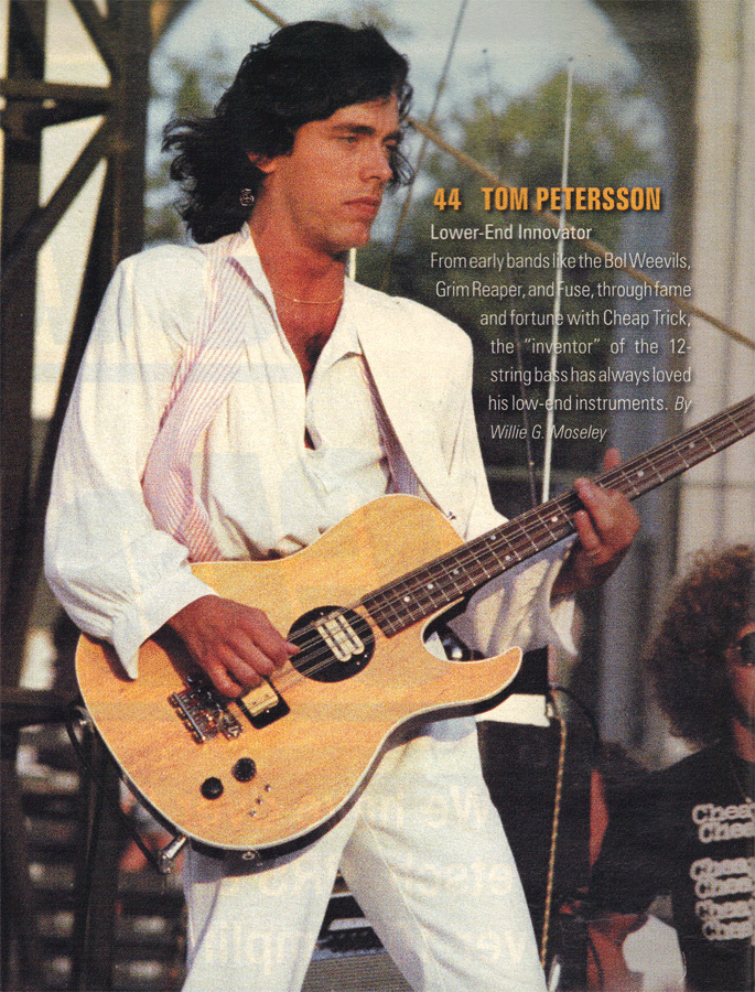Image ca. 1979 of Tom Petersson and a Hamer B12A 12-string from the magazine’s Contents page.