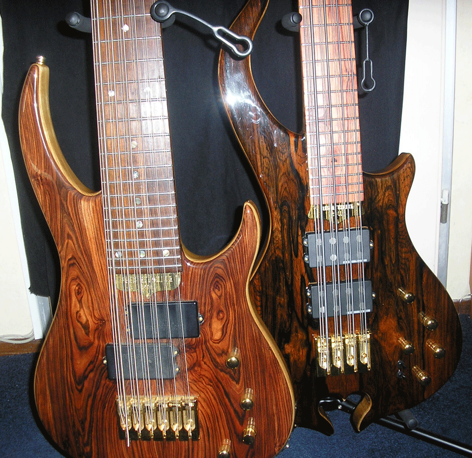 The 18-string and 12-string Vox Humana basses side by side.