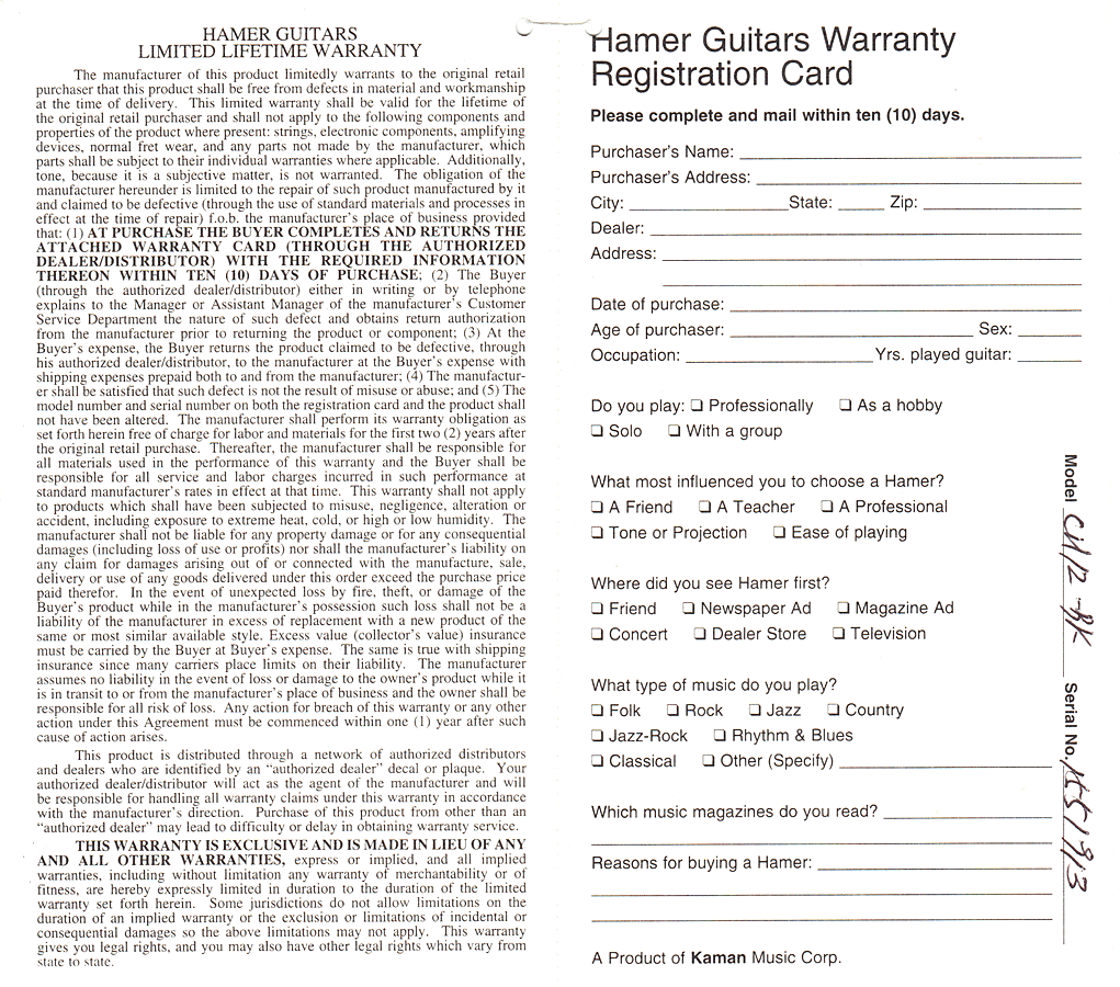 Warranty card for a Hamer CH-12 12-string bass.
