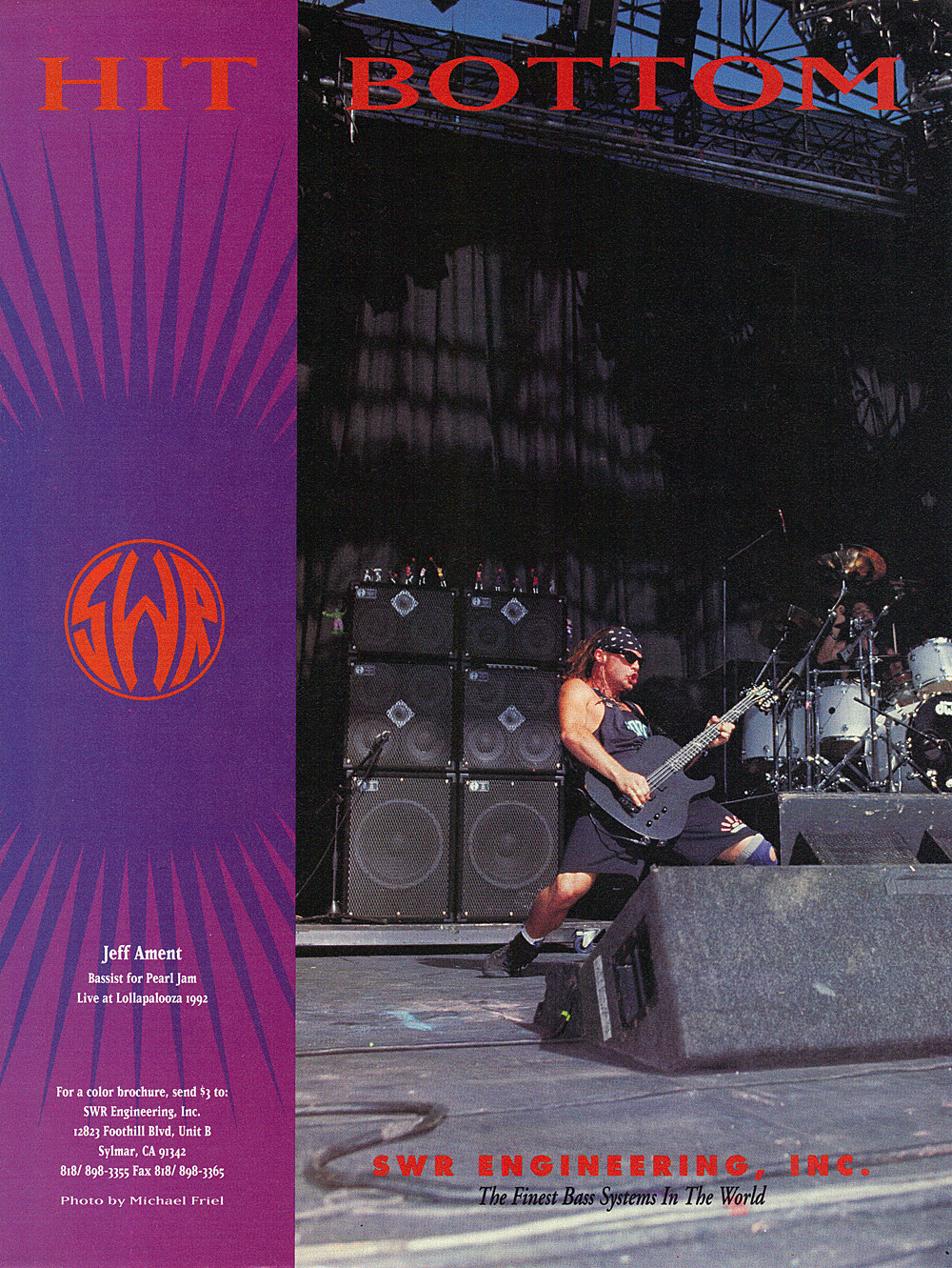 SWR ad featuring Jeff Ament and his Hamer B12A “Ament” variant at Lollapalooza 1992.