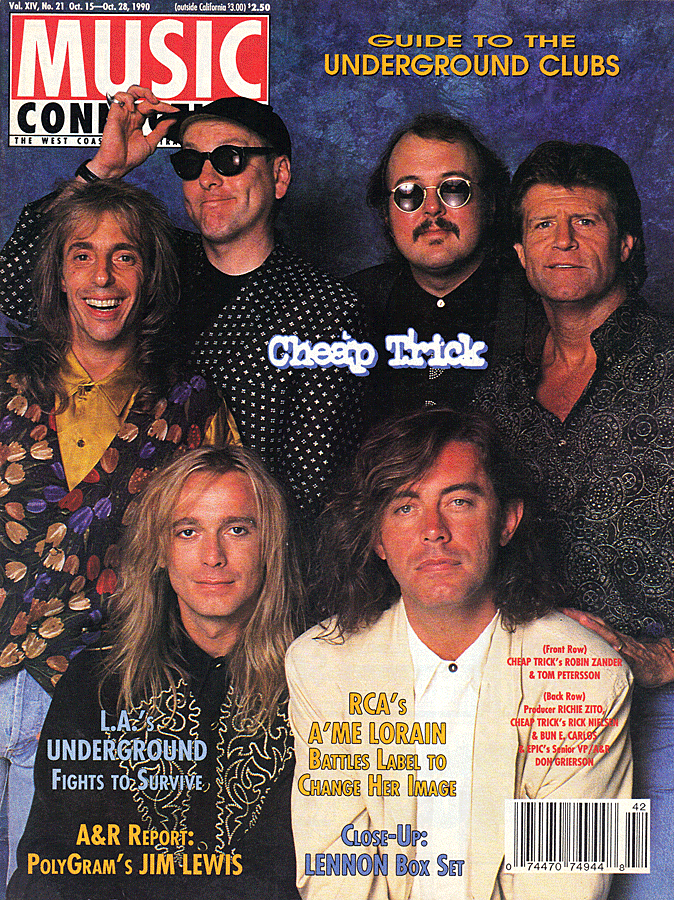 Cheap Trick with producer Richie Zito on the left and Epic Records VP Don Grierson on the right, shown here on the cover of Music Connection Magazine . Interviews with both Zito and Grierson are also included.