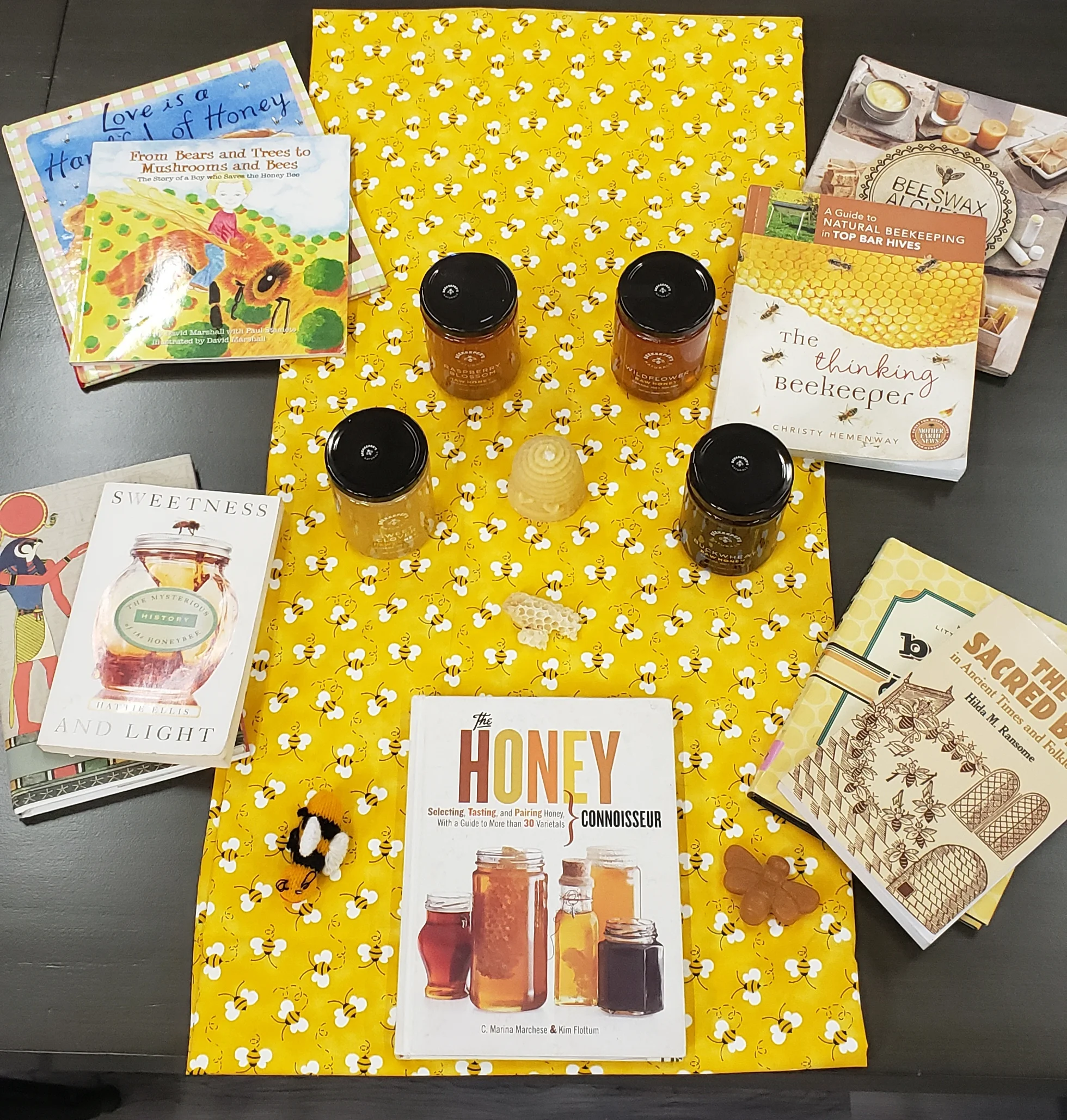 My honey tasting display, with some of my favorite honeybee books