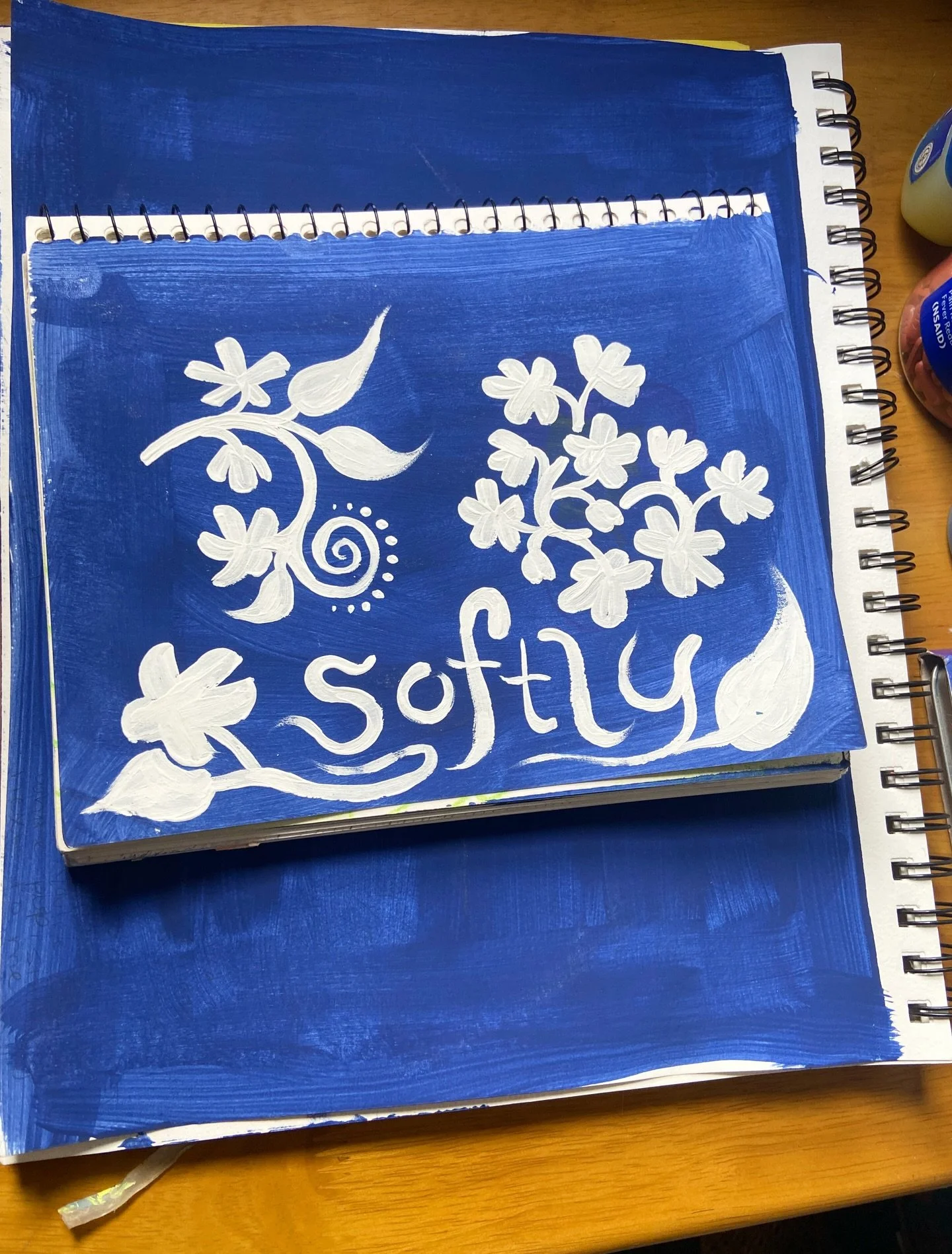Sketchbook on a nice day 💙🔵🌀

Acrylic freehand, &amp; look at this cool pen Layla gave me