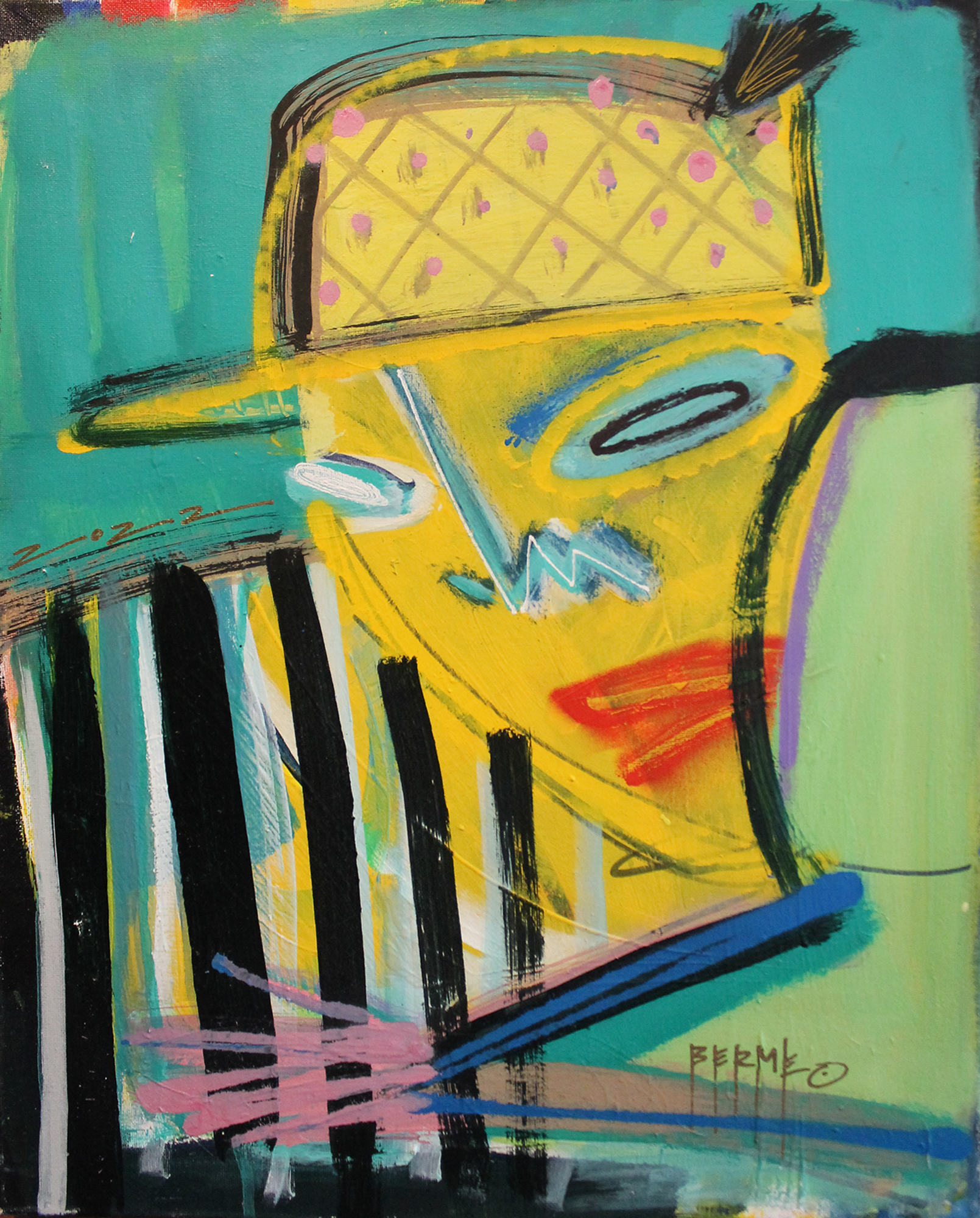   Pineapple Hat,  2022  20” x 16”   Acrylic, ink, spray paint and white-out on canvas  [ sold ]   