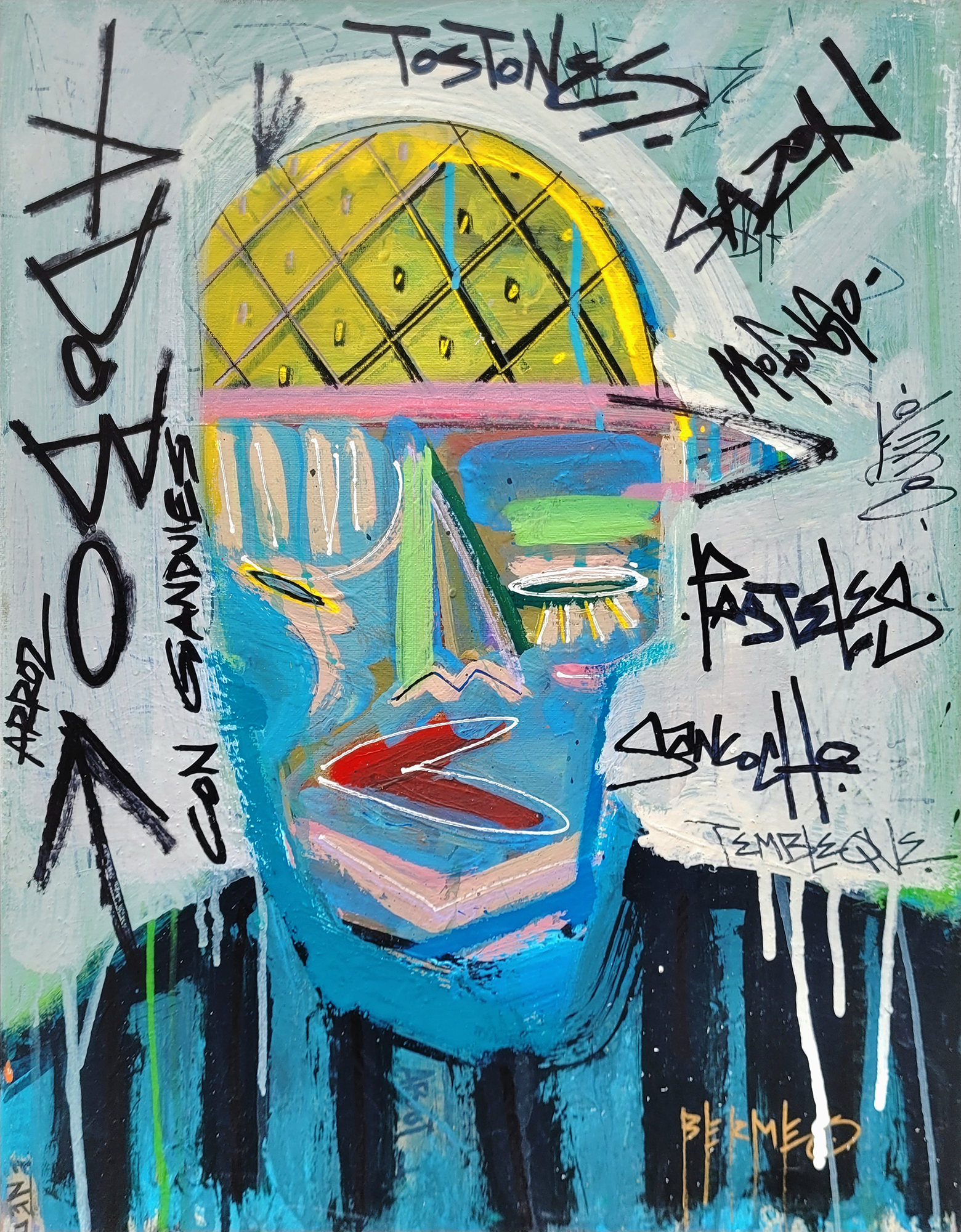   Adobo Child,  2023  20” x 16”   Acrylic, ink and spray paint on canvas     