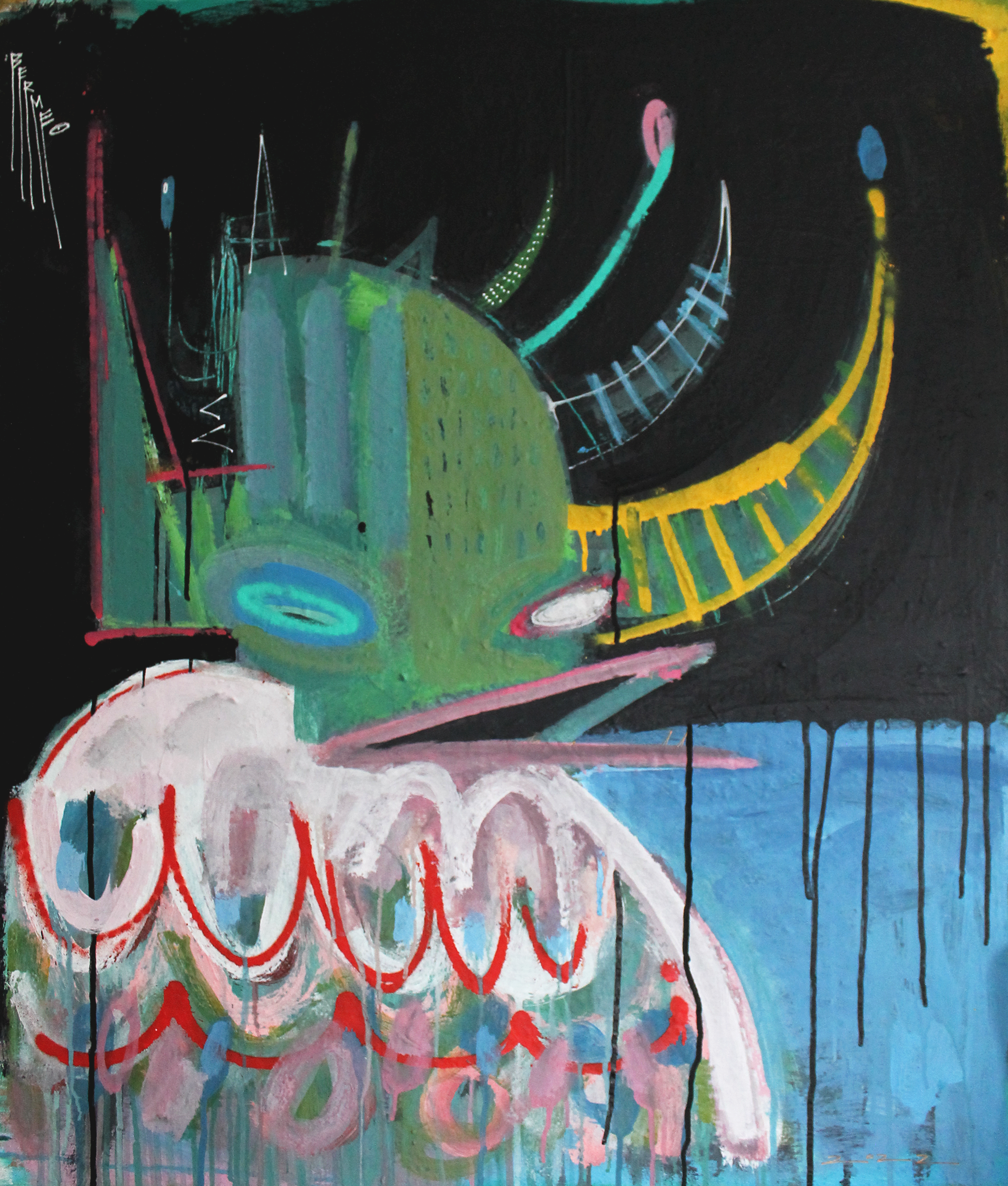   Vejigante Medianoche,  2022  36” x 30”   Acrylic, ink, spray paint and white-out on canvas     