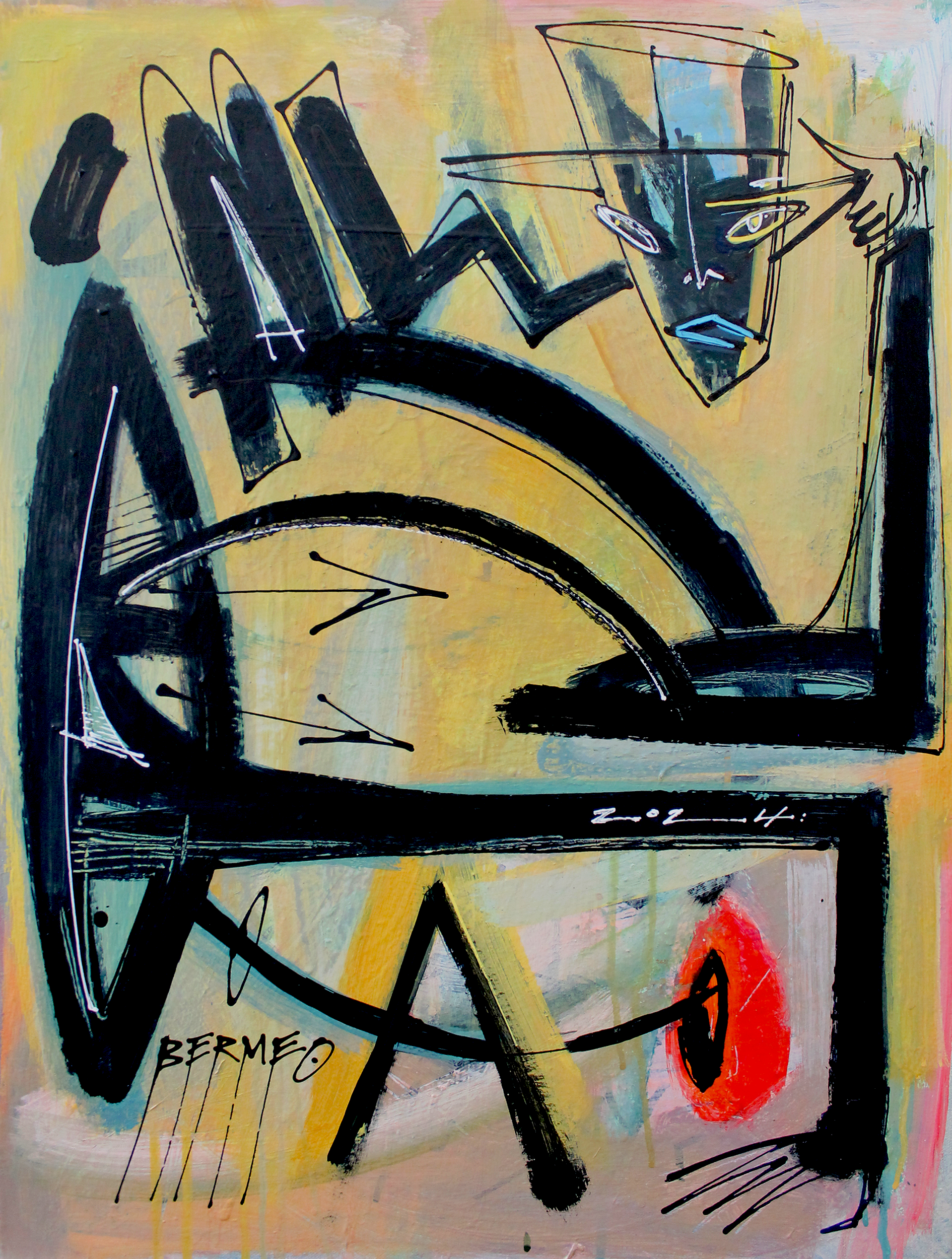   Freeze, 2024   24” x 18”   Acrylic, ink, spray paint and white-out on canvas     