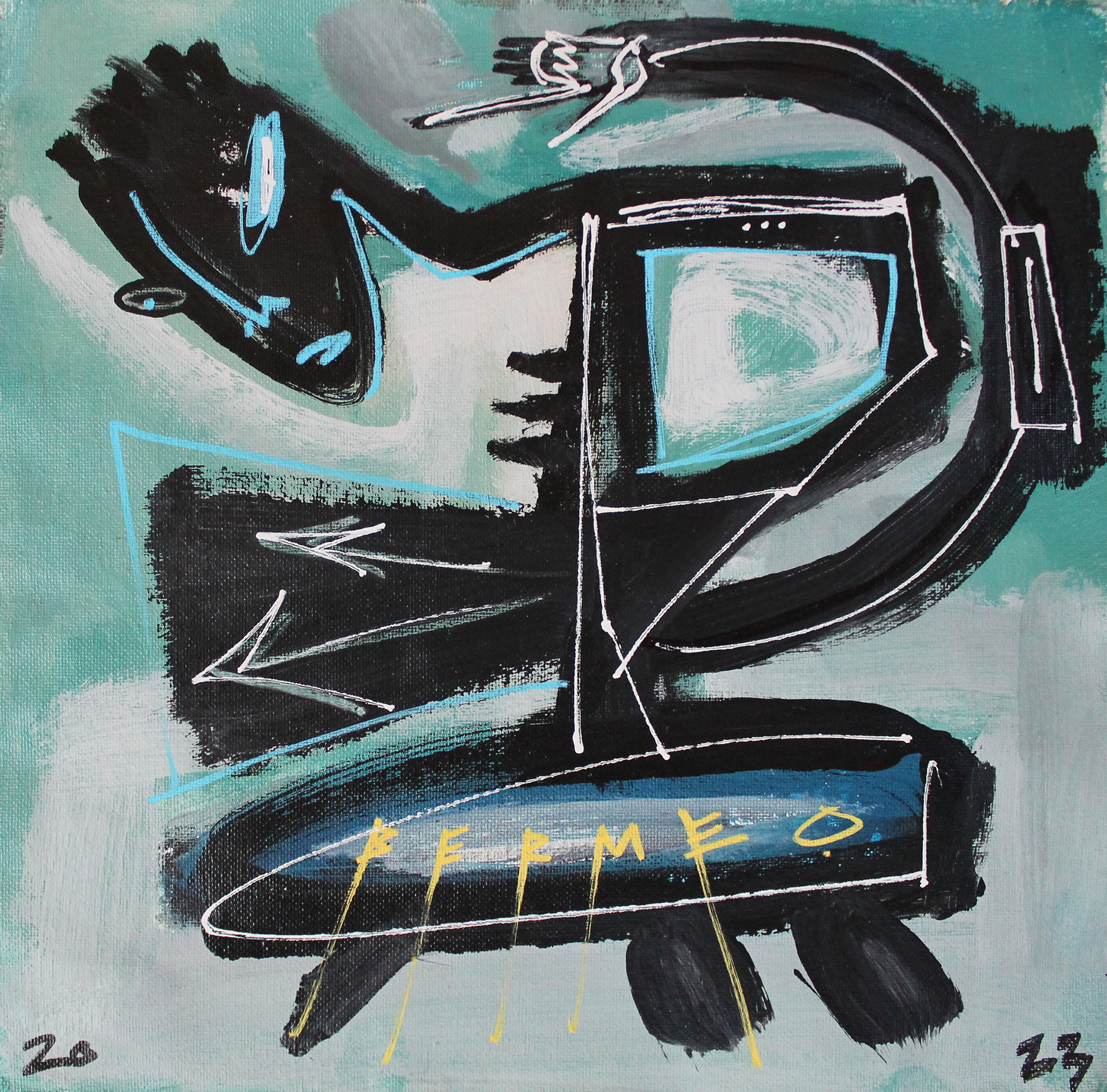   Untitled,  2023  11” x 11”   Acrylic, ink, spray paint and white-out on canvas  [ sold ]   