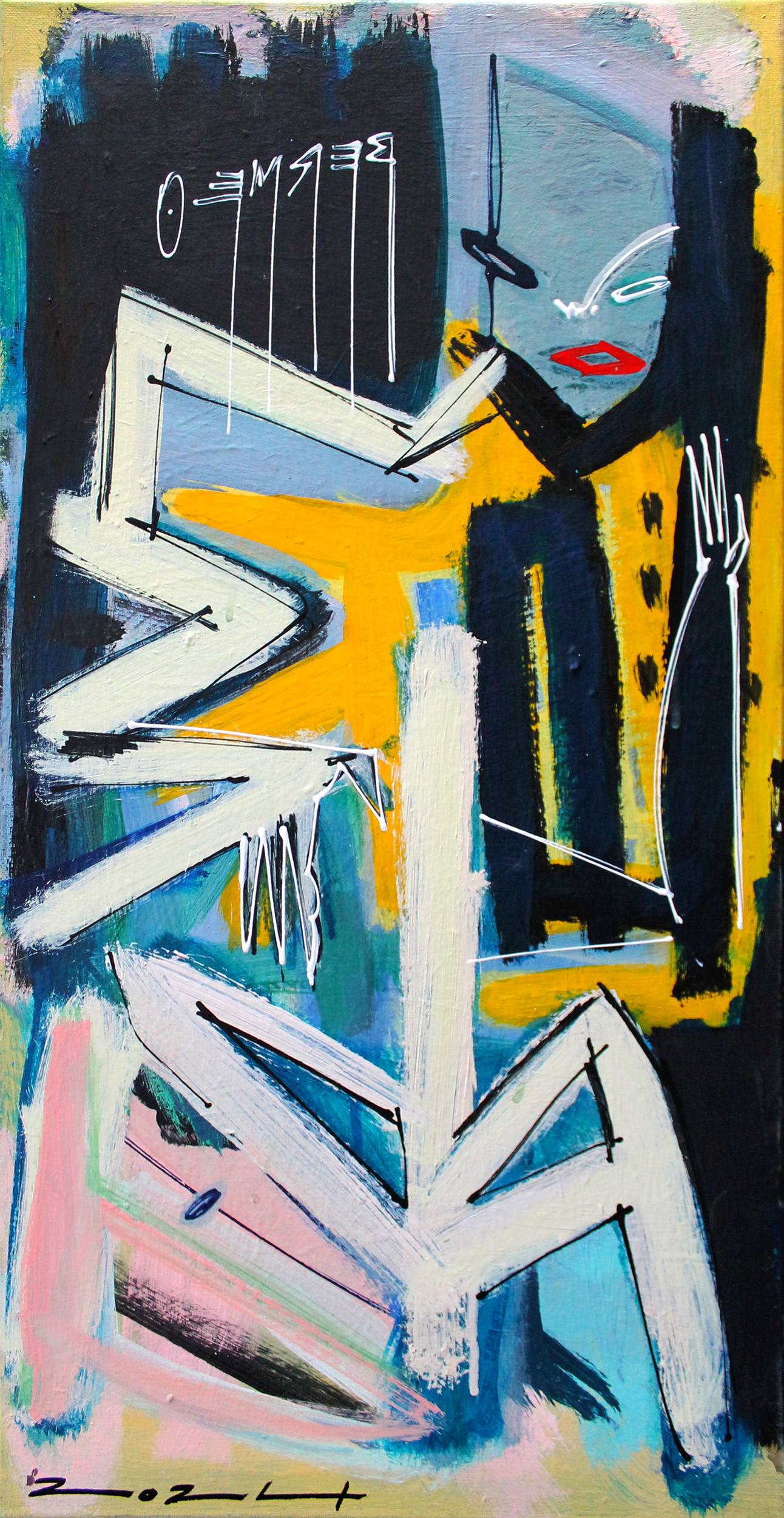   A Trumpet Sounds,  2024  24” x 12”   Acrylic, ink, spray paint and white-out on canvas     