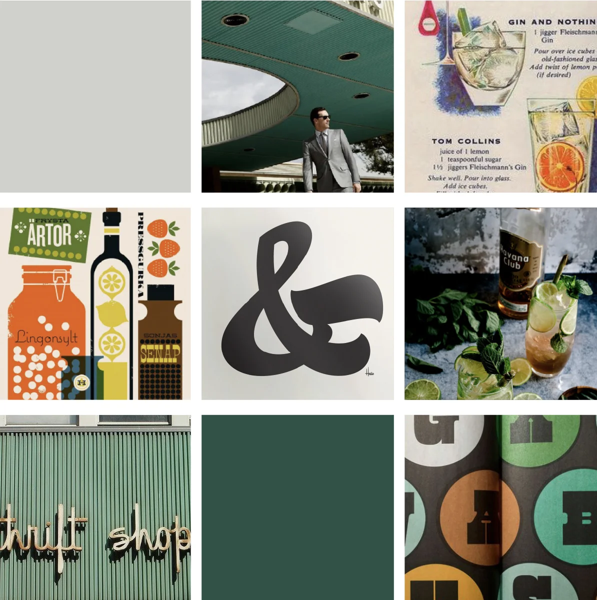 Option 2 - Using inspiration heavily from House Industries, this mood board was based off a more quirky take of mid-century design. Decade specific script, color block graphics, illustrations of drinks + of course DD helped this mood board evoke a calming but interesting point of view. The teal + orange are wonderful colors to play with, since we can envision a lot of vodka recipes including those colors.