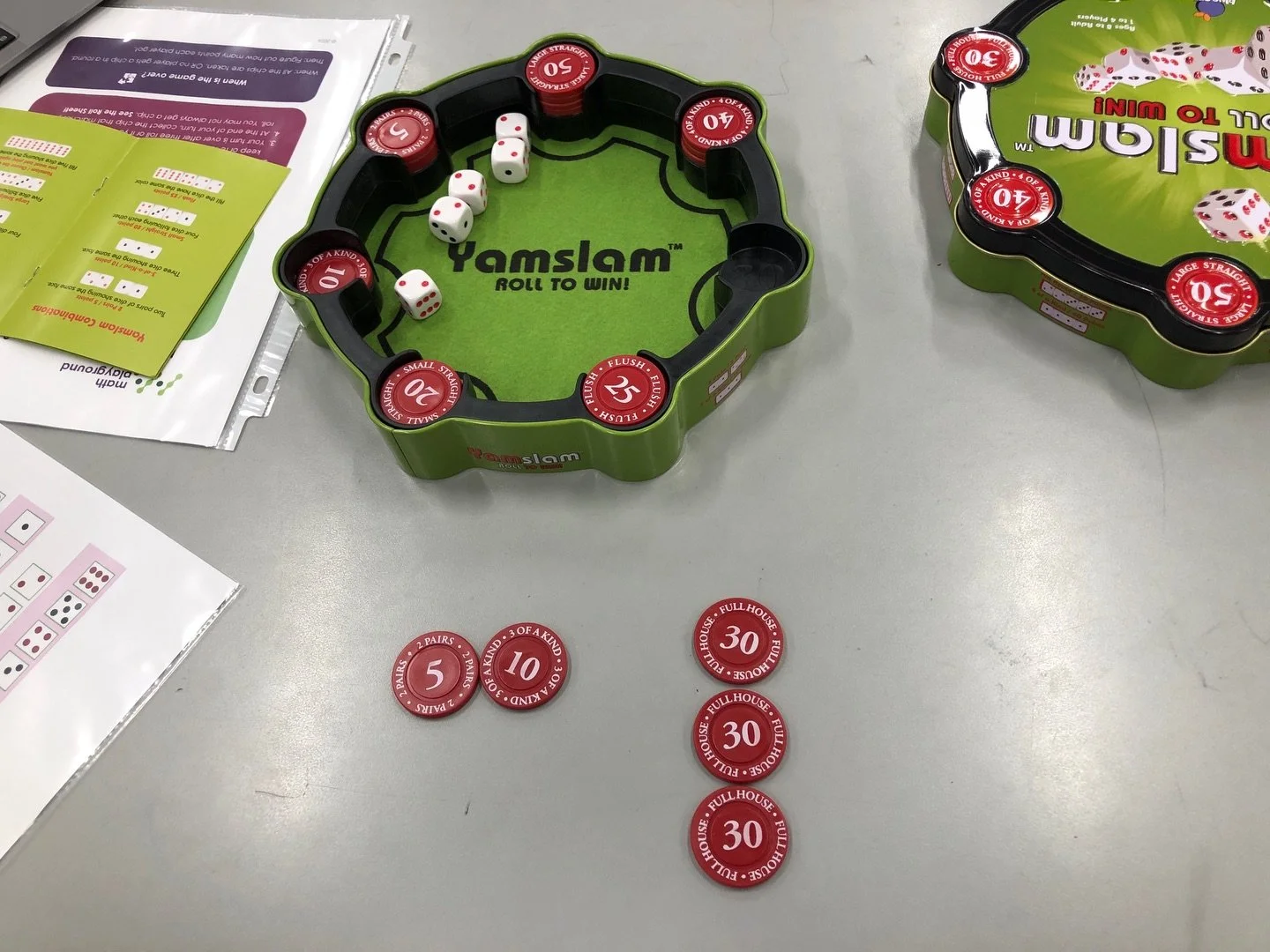 Rolled a #yamslam when demonstrating the game for staff to prepare for our new elementary #MathPlayground space coming next month! @blueorangegames #iloveboardgames