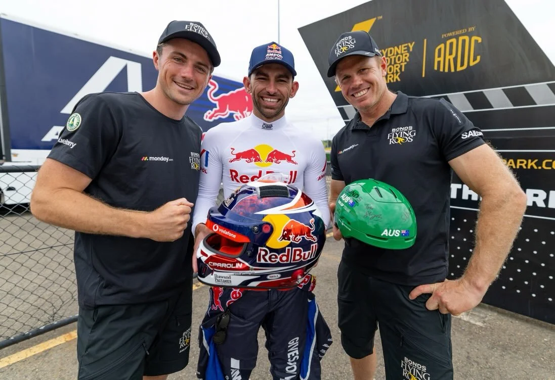 Two of Australia&rsquo;s fastest sporting codes collided yesterday at Sydney Motorsport Park as the @bondsflyingroos joined @tickfordracing and @redbullampolracing for a high-speed Supercars x SailGP crossover 🚗⛵️

Sam Newton and Tom Needham swapped