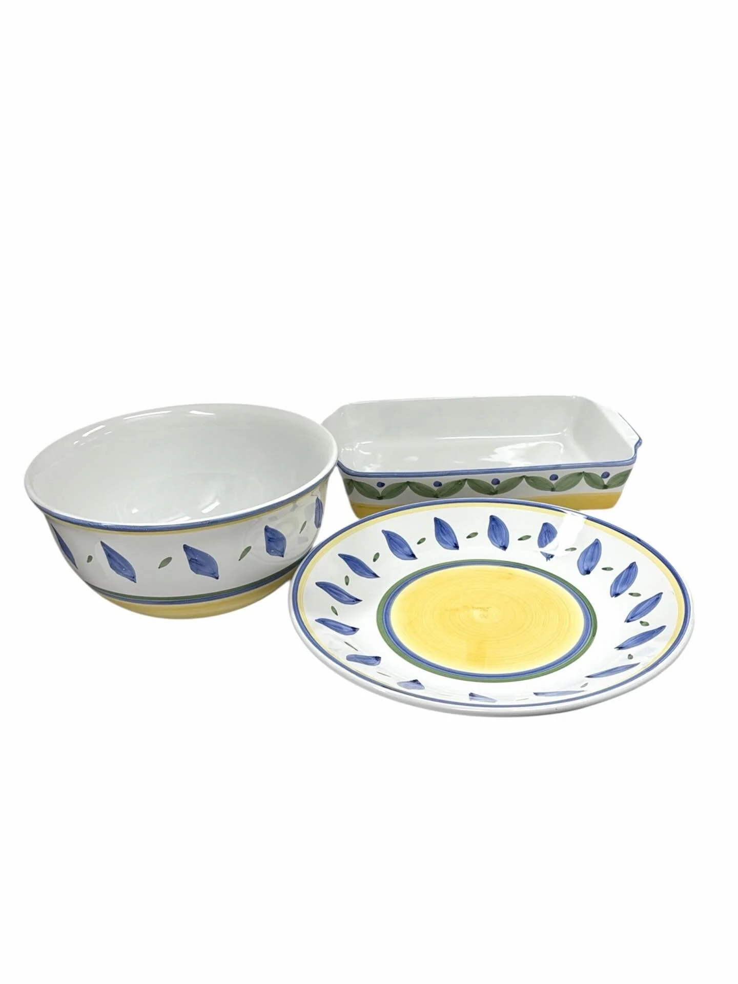 Williams Sonoma Ceramic Platter $38.95 Measures 14&rdquo;Round 
Williams Sonoma Ceramic Baking Dish $42.95 Measures 9&rdquo; x 13&rdquo;
Williams Sonoma Ceramic Bowl $48.95 Measures 5&rdquo; T x 11&rdquo; Round