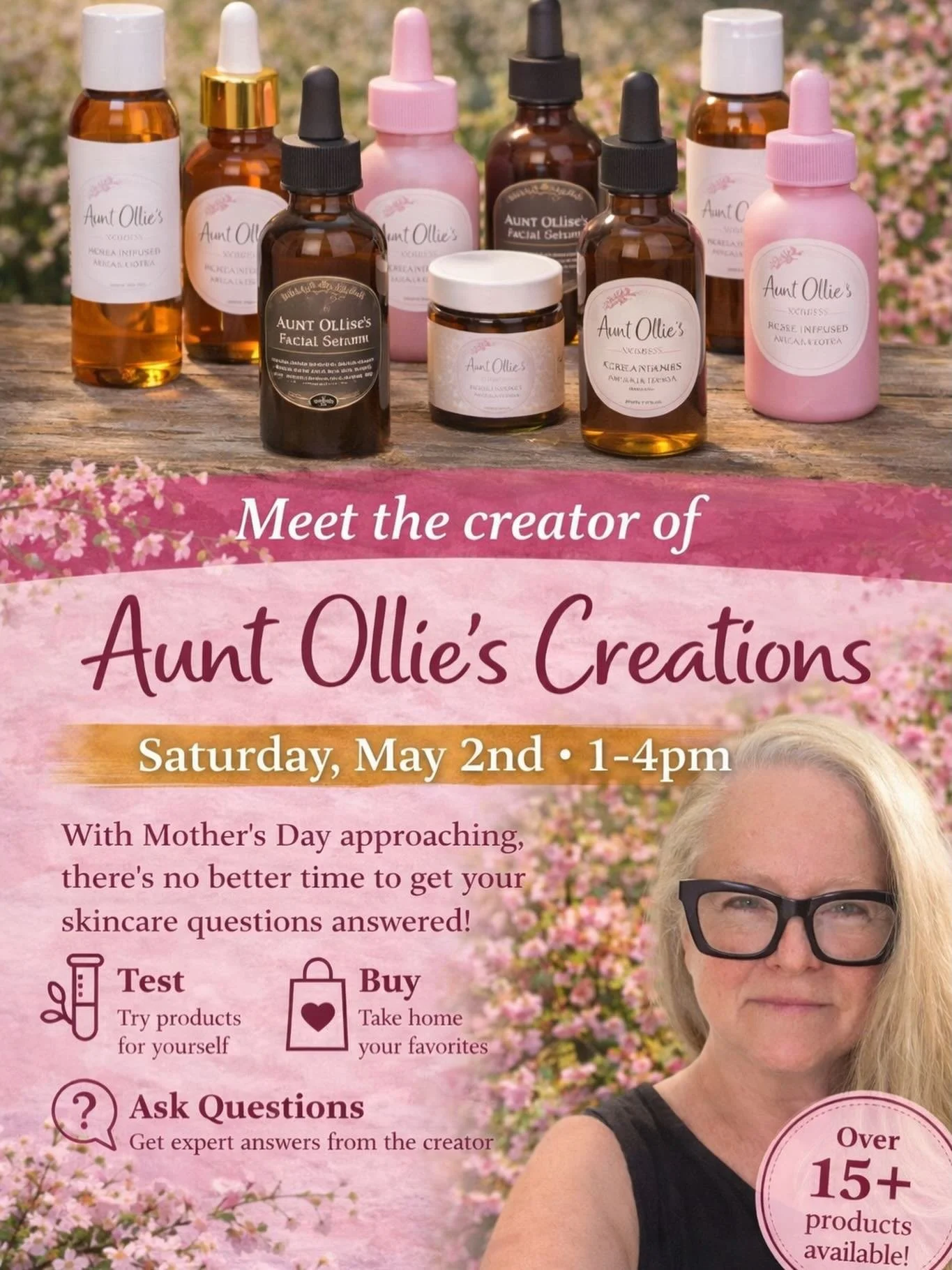 Mark your calendars! Meet the creator of Aunt Ollie&rsquo;s Creations at Molly Rose on Saturday, May 2nd from 1&ndash;4 PM. Test products, ask skincare questions, shop your favorites, and find something special before Mother&rsquo;s Day.